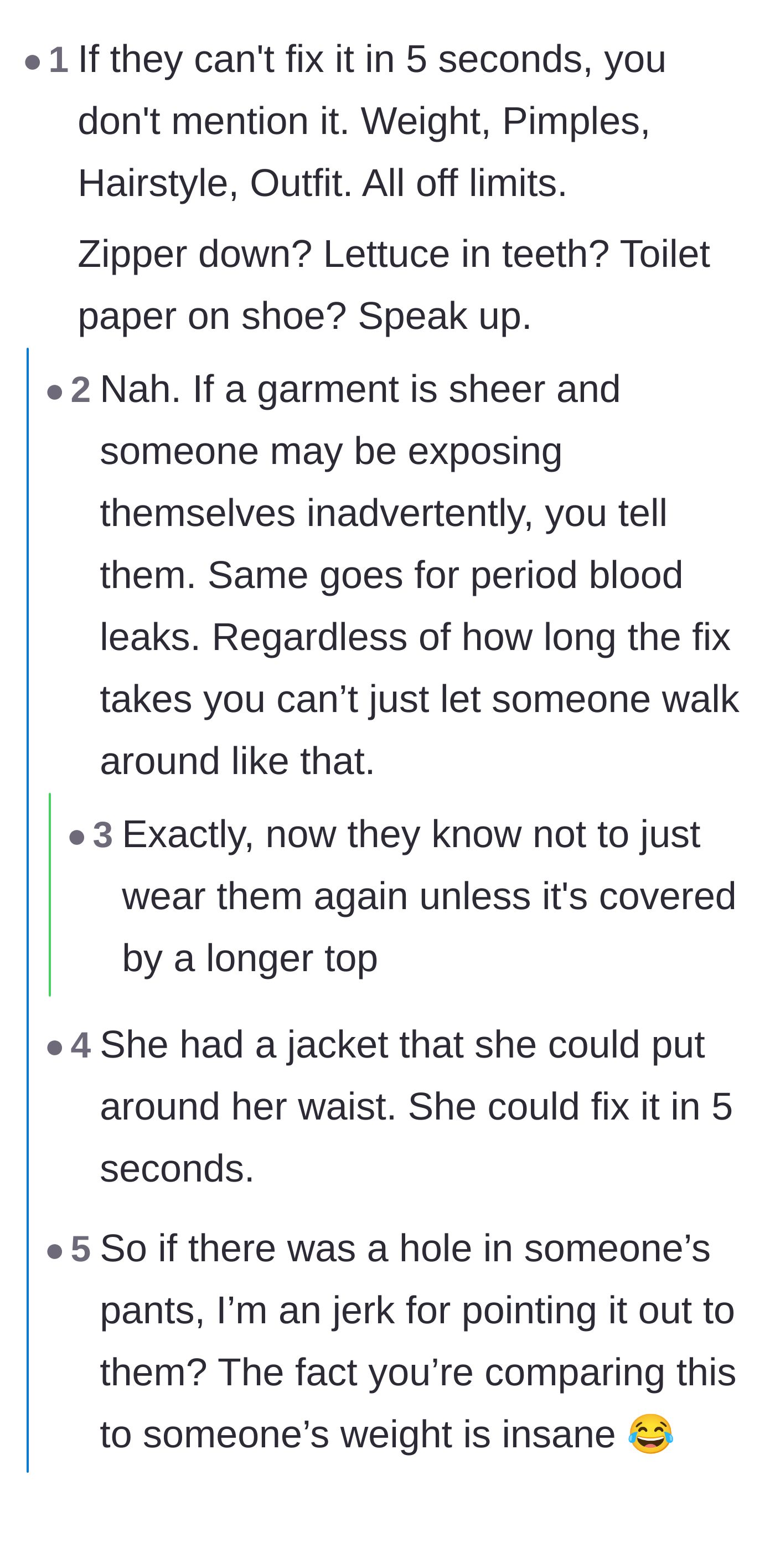 Comment thread 1 - A debate about whether the 'five-second rule' for pointing out flaws applies to completely see-through clothing.
