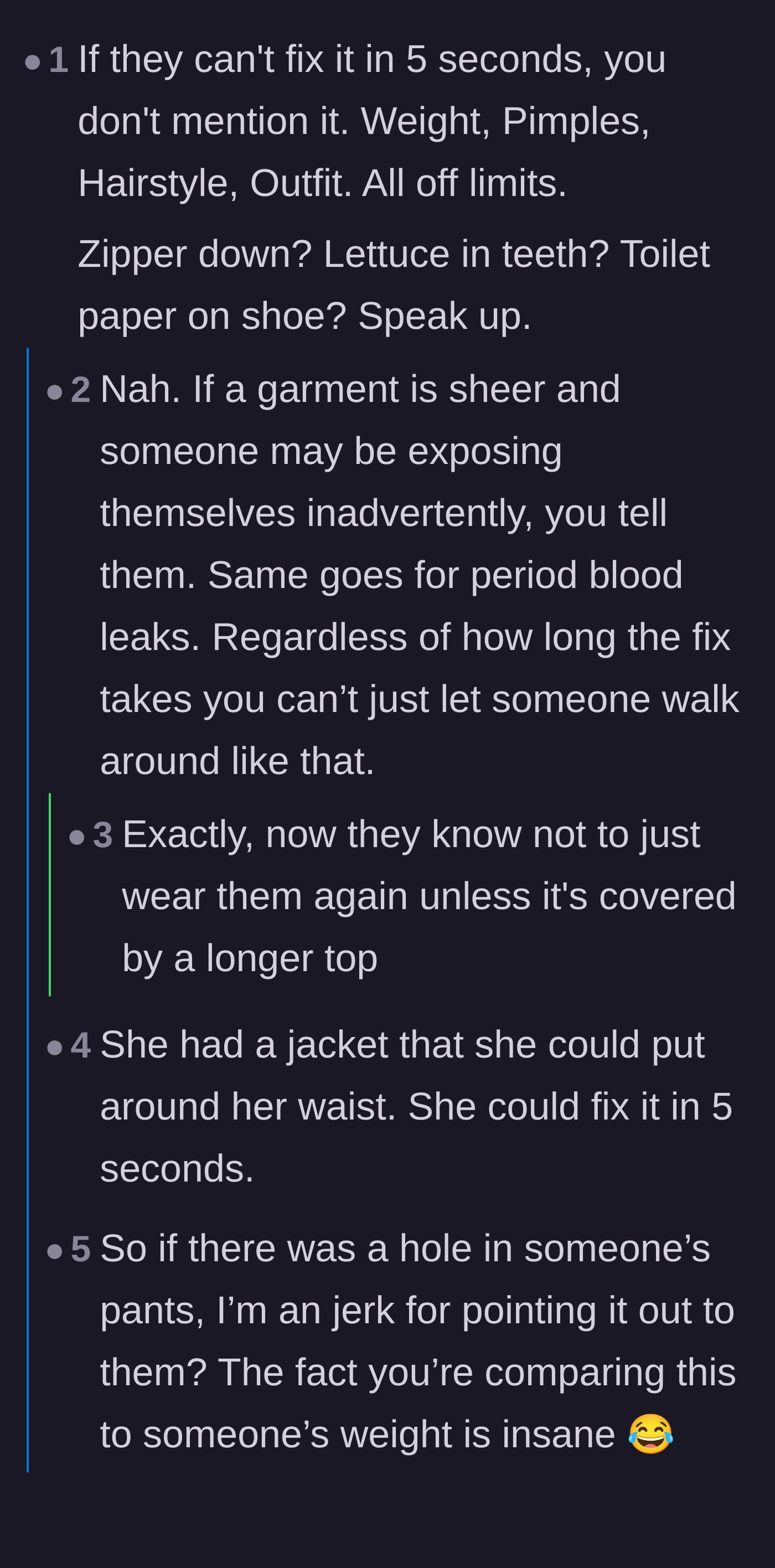 Comment thread 1 - A debate about whether the 'five-second rule' for pointing out flaws applies to completely see-through clothing.