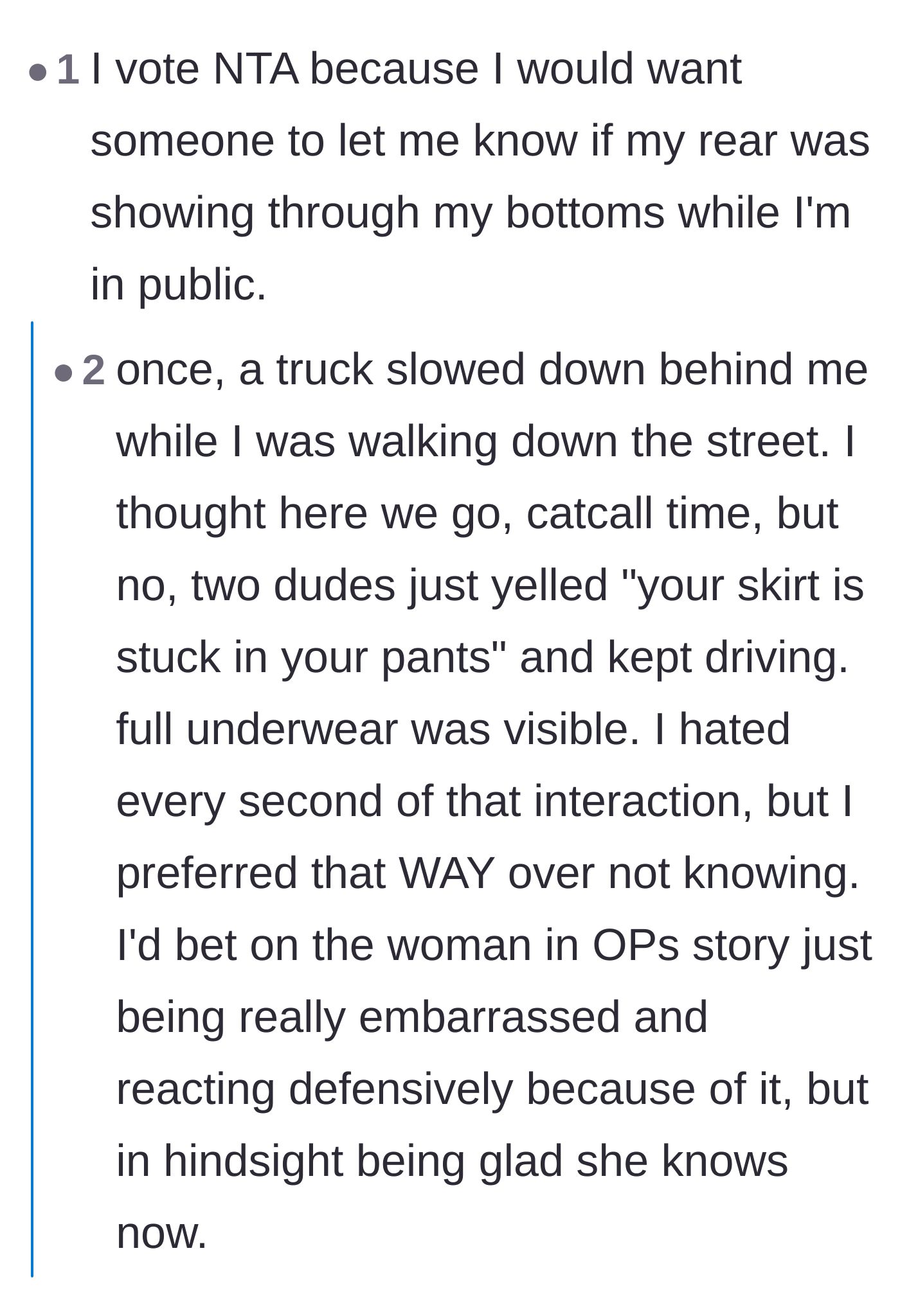 Comment thread 2 - Readers share their own mortifying stories of strangers pointing out severe wardrobe malfunctions.