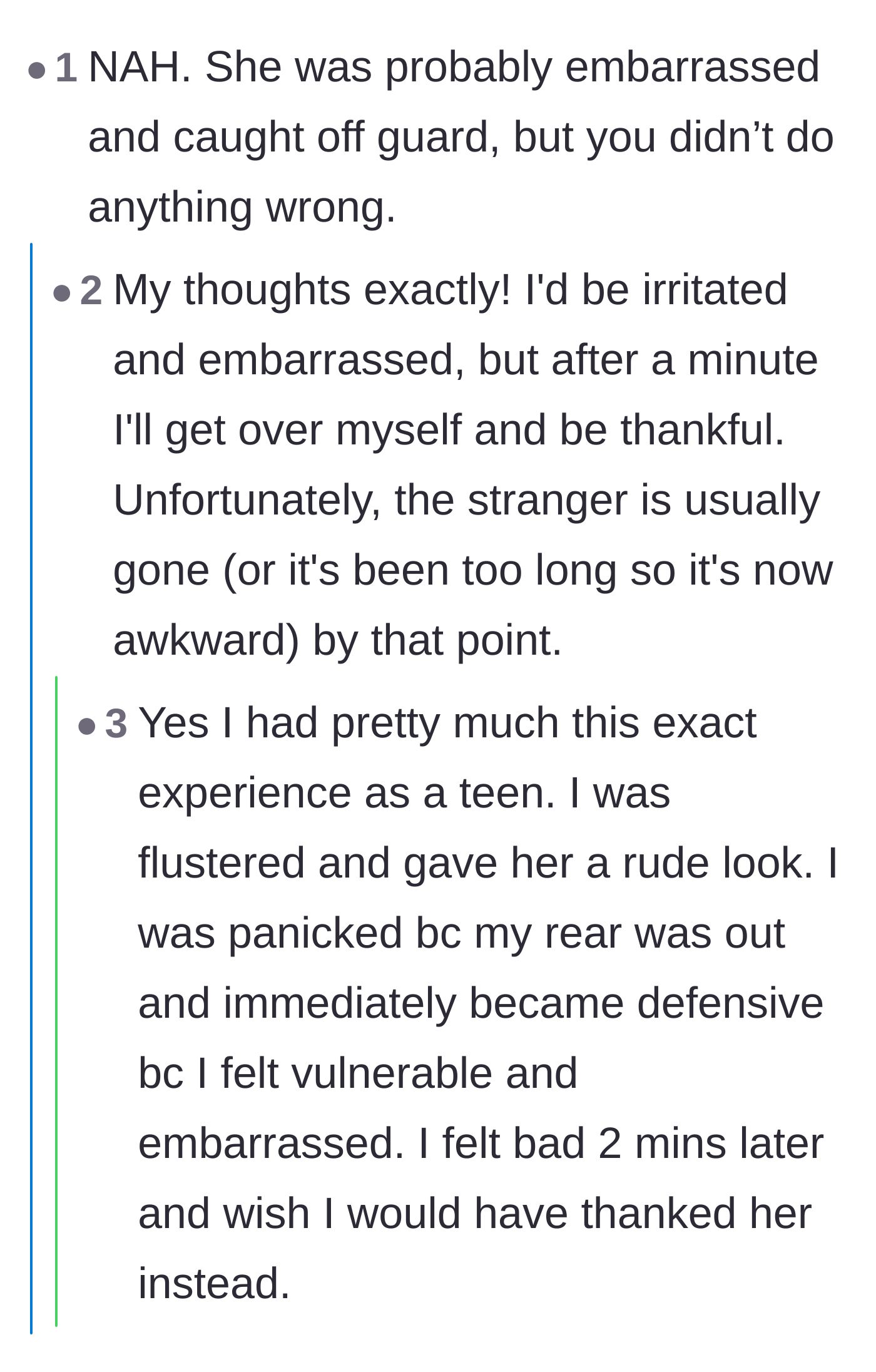 Comment thread 3 - Discussion analyzing the stranger's defensive reaction as an immediate panic response to being embarrassed.