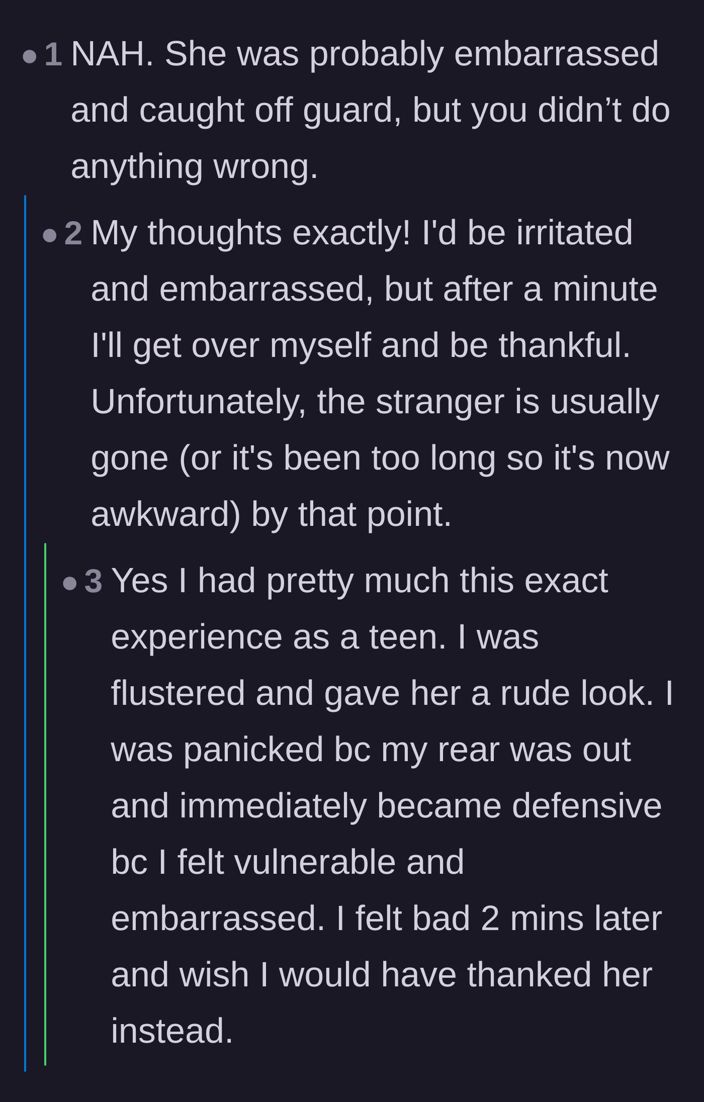 Comment thread 3 - Discussion analyzing the stranger's defensive reaction as an immediate panic response to being embarrassed.