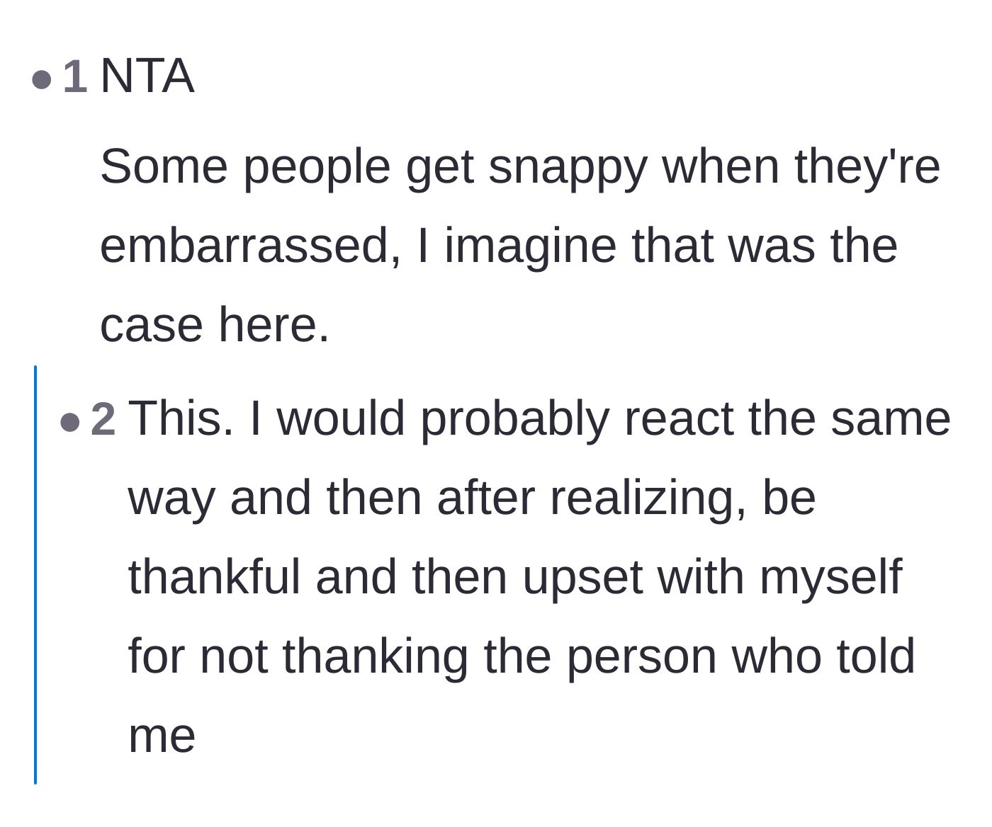 Comment thread 4 - Agreement that getting snappy is a natural, albeit unfair, reaction to sudden public embarrassment.