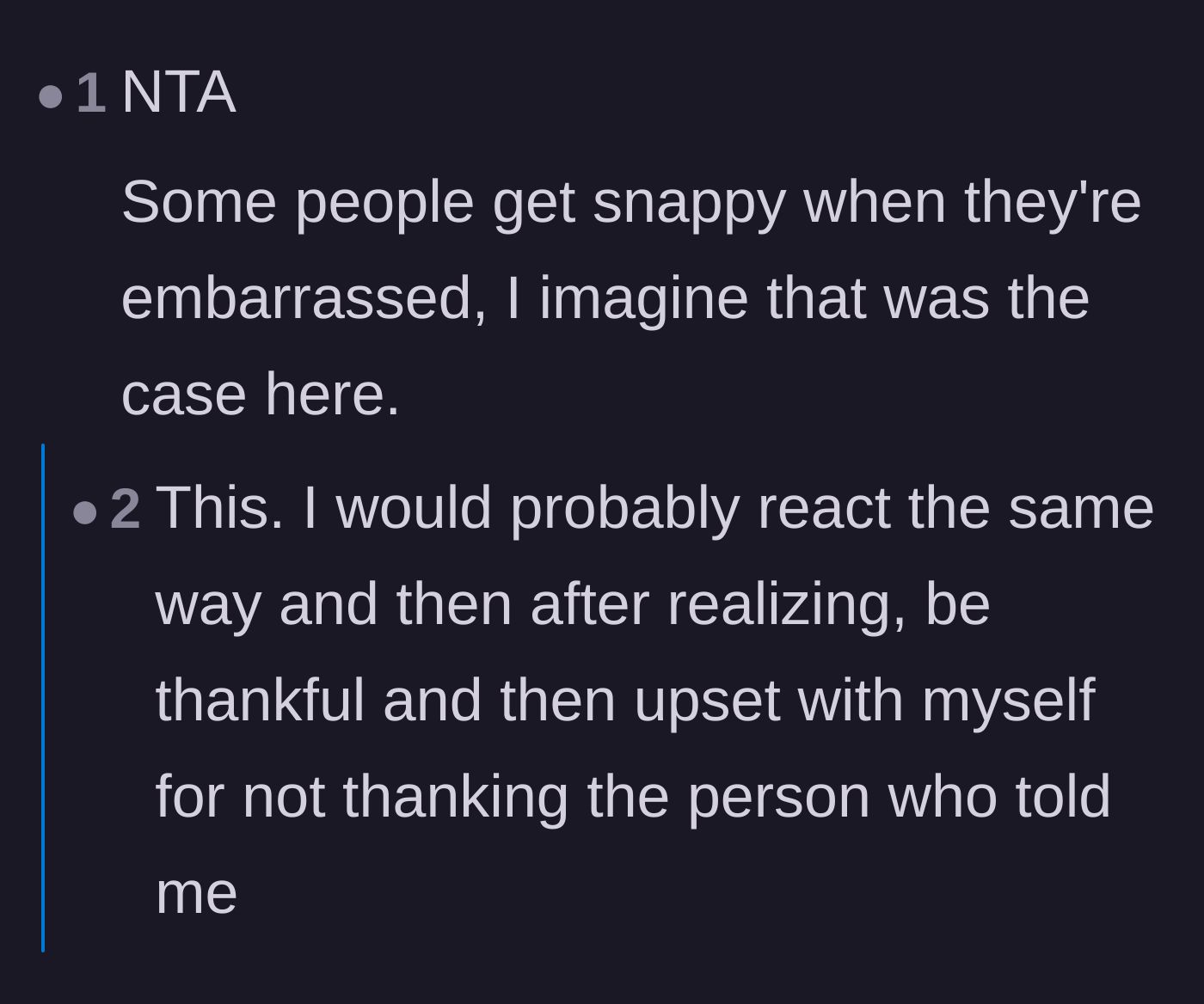 Comment thread 4 - Agreement that getting snappy is a natural, albeit unfair, reaction to sudden public embarrassment.