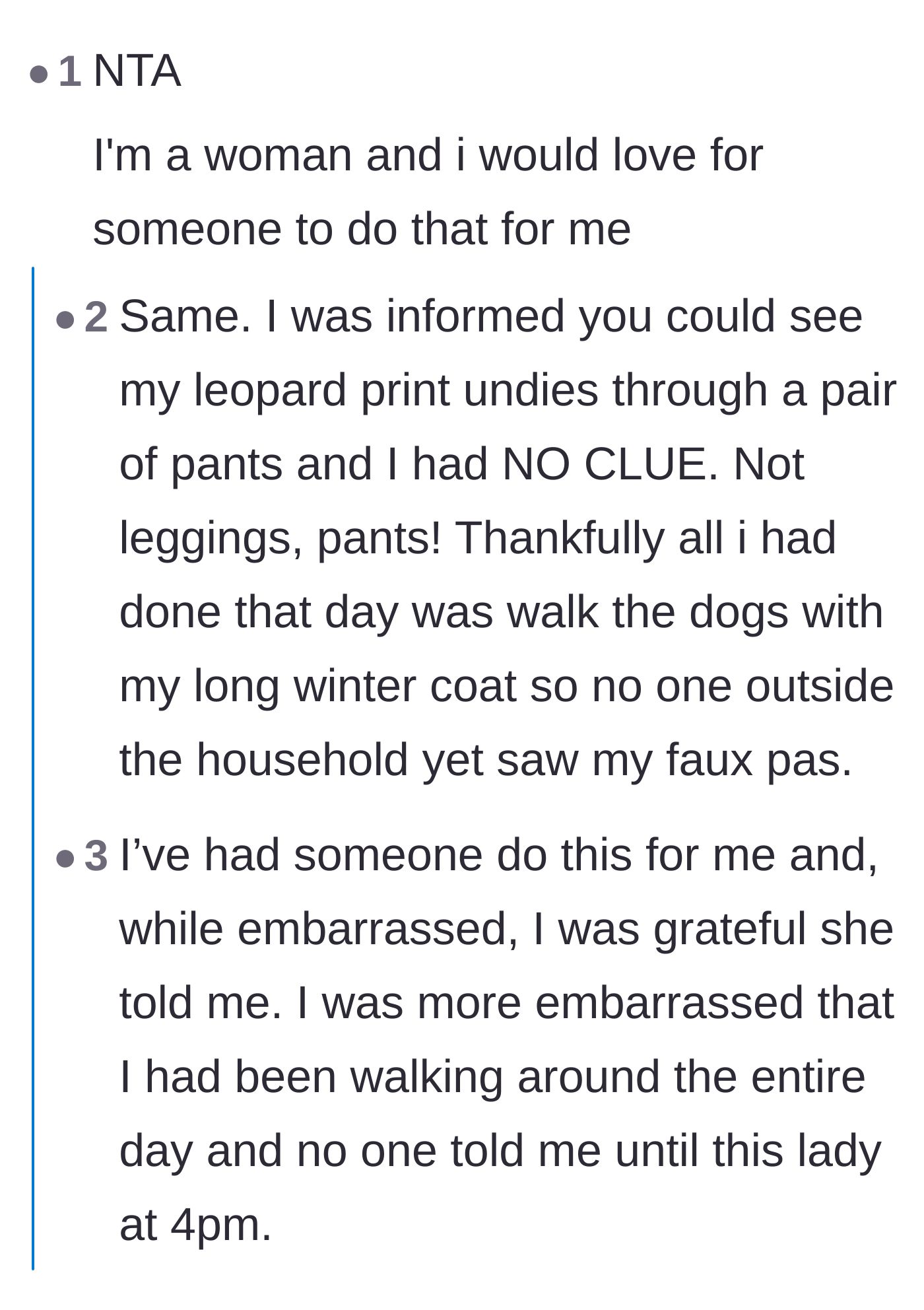 Comment thread 5 - Women agreeing they would absolutely want a stranger to warn them about a see-through pants disaster.