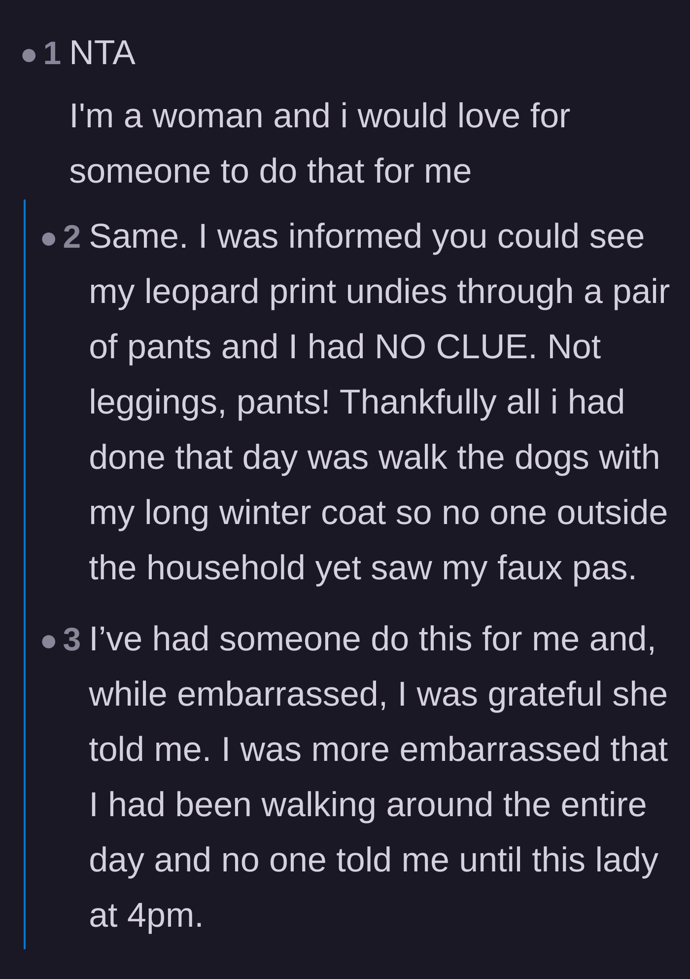 Comment thread 5 - Women agreeing they would absolutely want a stranger to warn them about a see-through pants disaster.