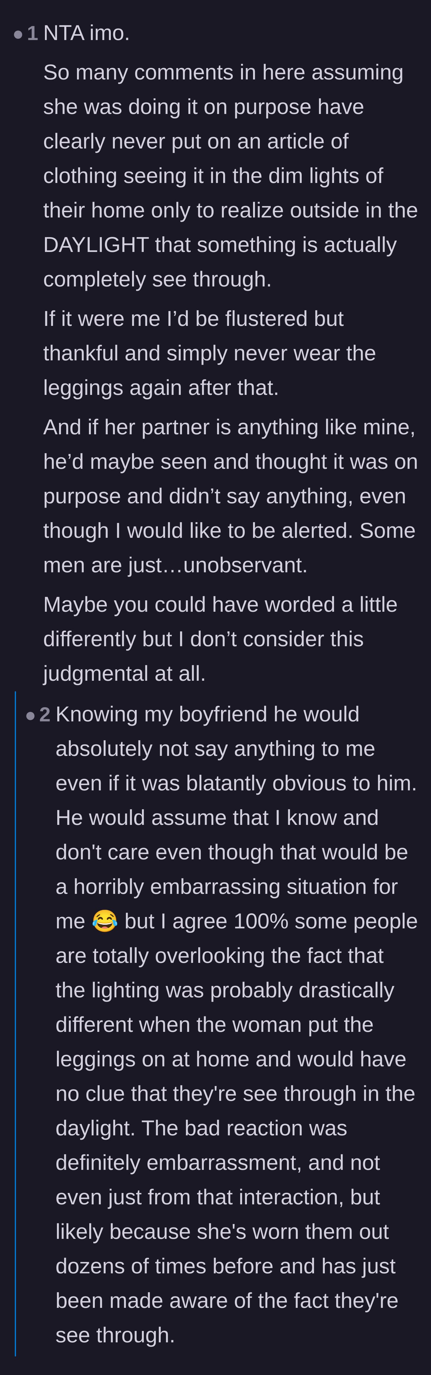 Comment thread 6 - Commentary on how indoor lighting deceives people into thinking their leggings are opaque, and how partners often fail to notice.