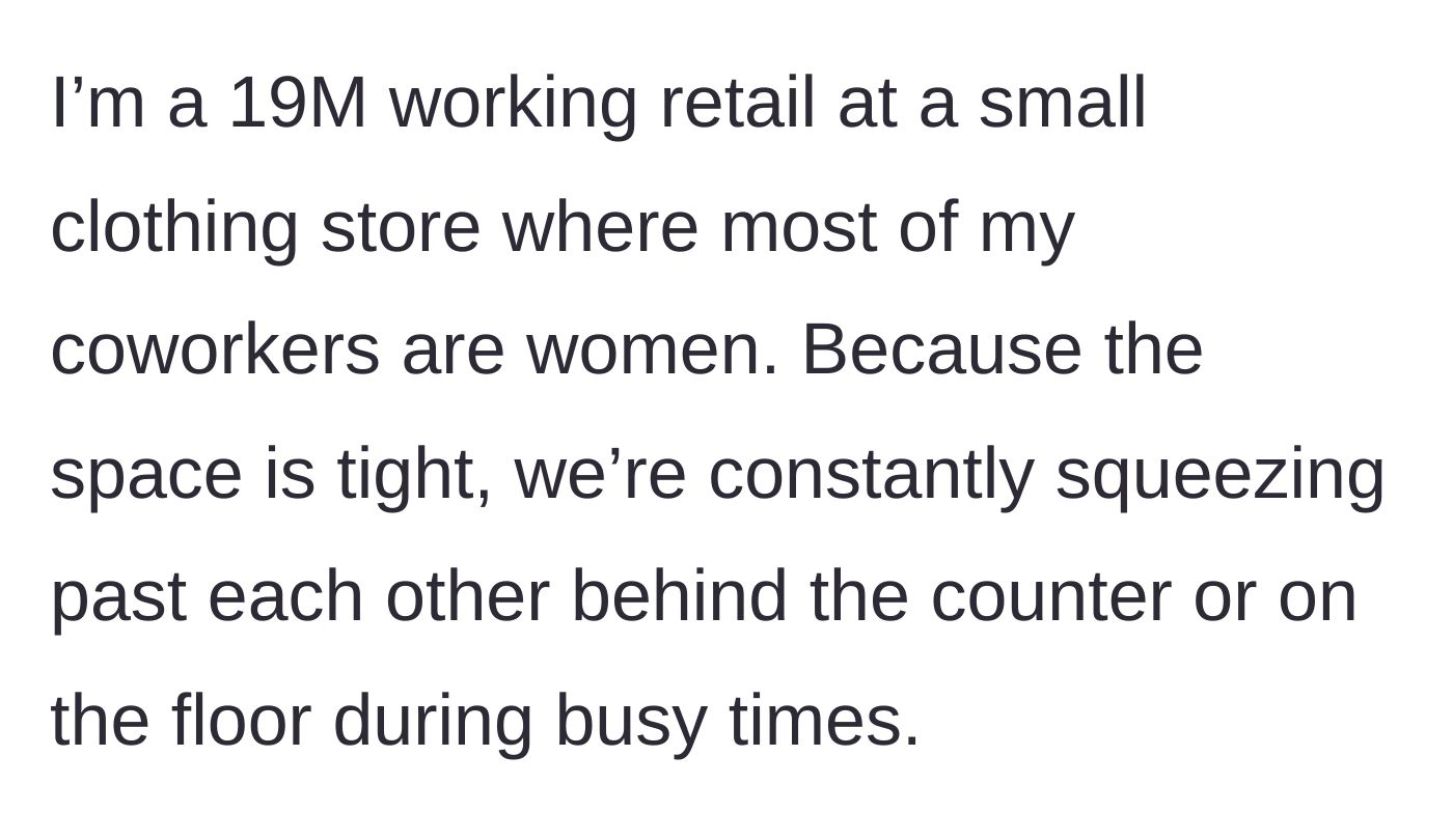 Story part 1 - A guy working in a crowded retail store with female coworkers.