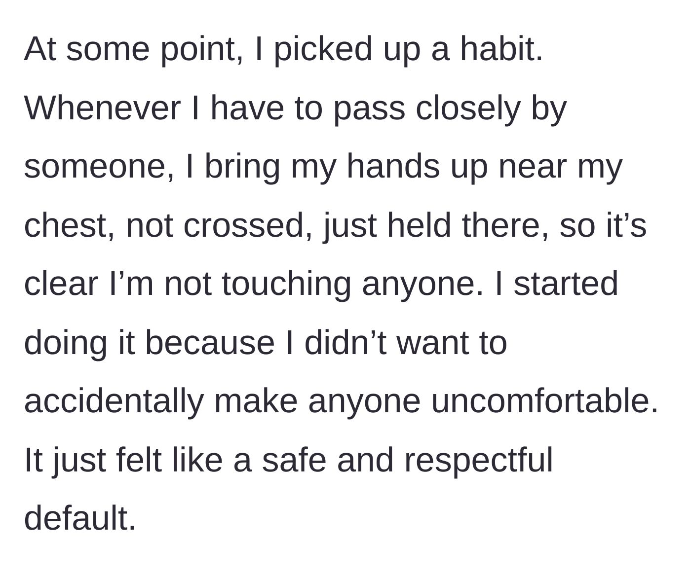 Story part 2 - A guy holding his hands up to his chest while walking past someone.