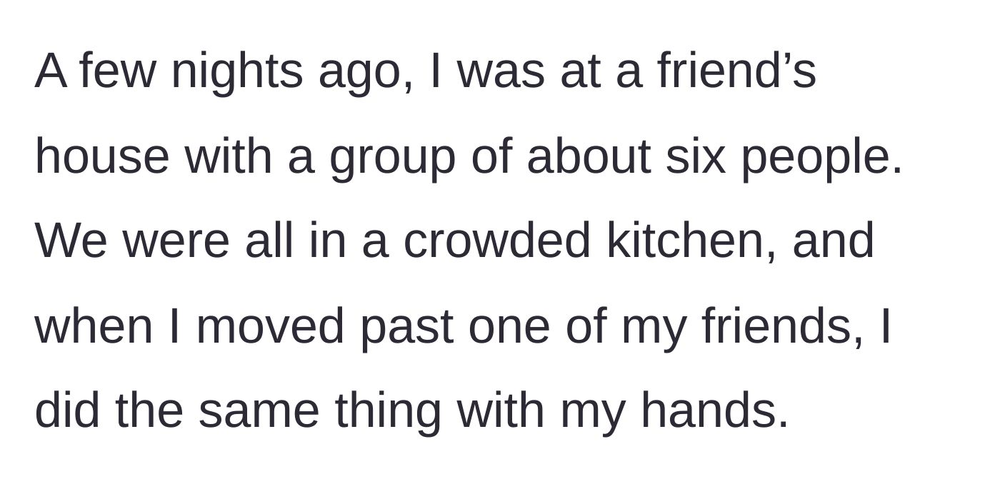 Story part 4 - A crowded kitchen party with a guy squeezing past his friend.