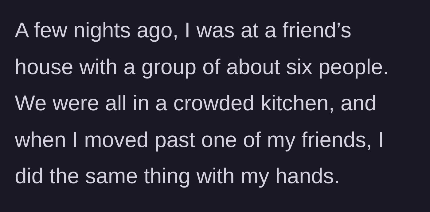 Story part 4 - A crowded kitchen party with a guy squeezing past his friend.