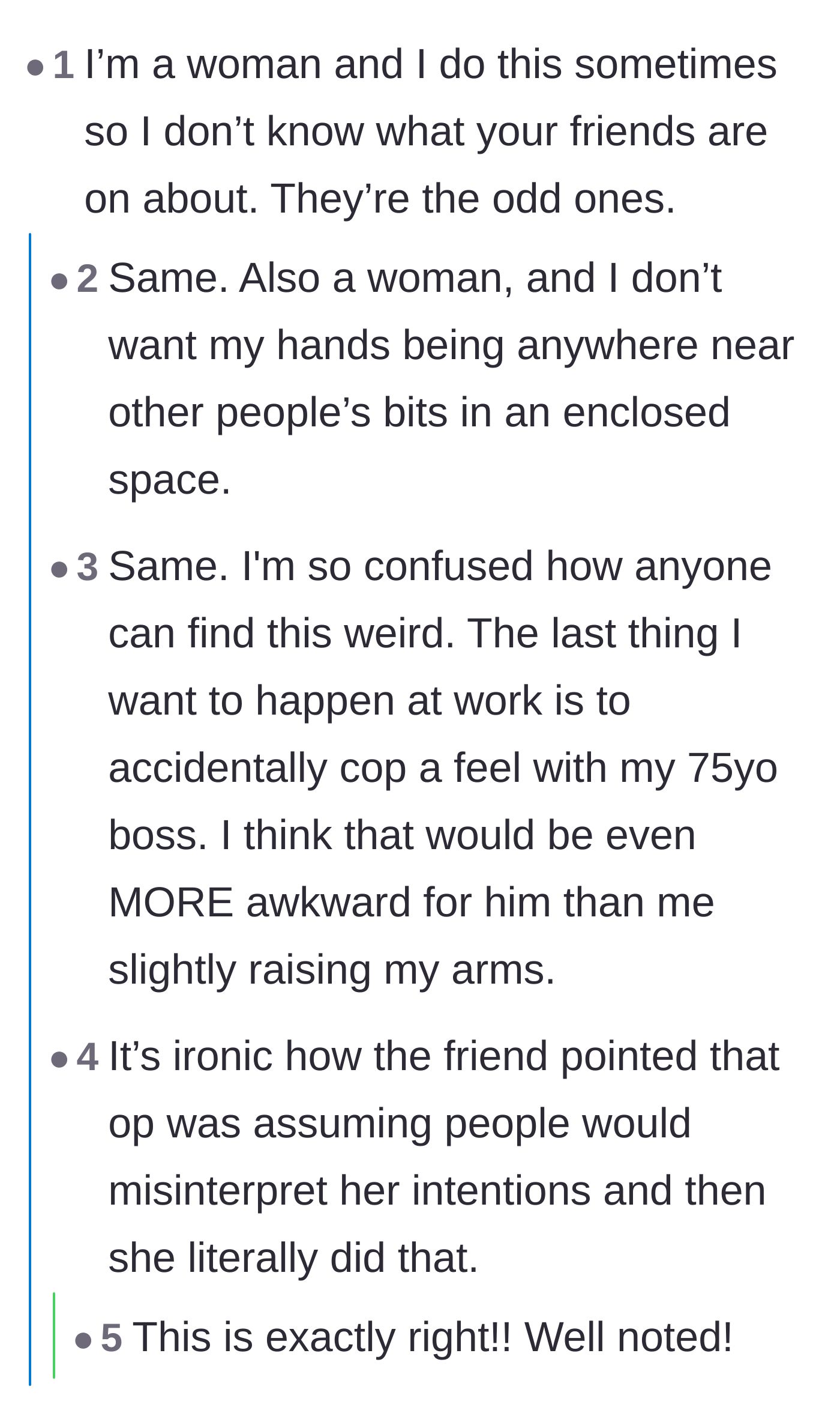 Comment thread 3 - Women agreeing they do the exact same gesture to avoid accidentally touching people in tight spaces.
