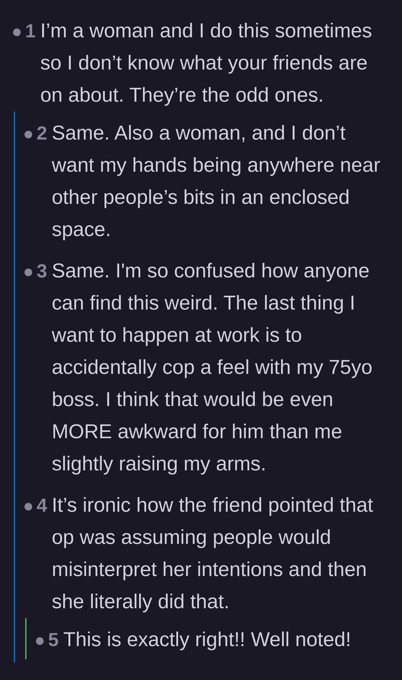 Comment thread 3 - Women agreeing they do the exact same gesture to avoid accidentally touching people in tight spaces.