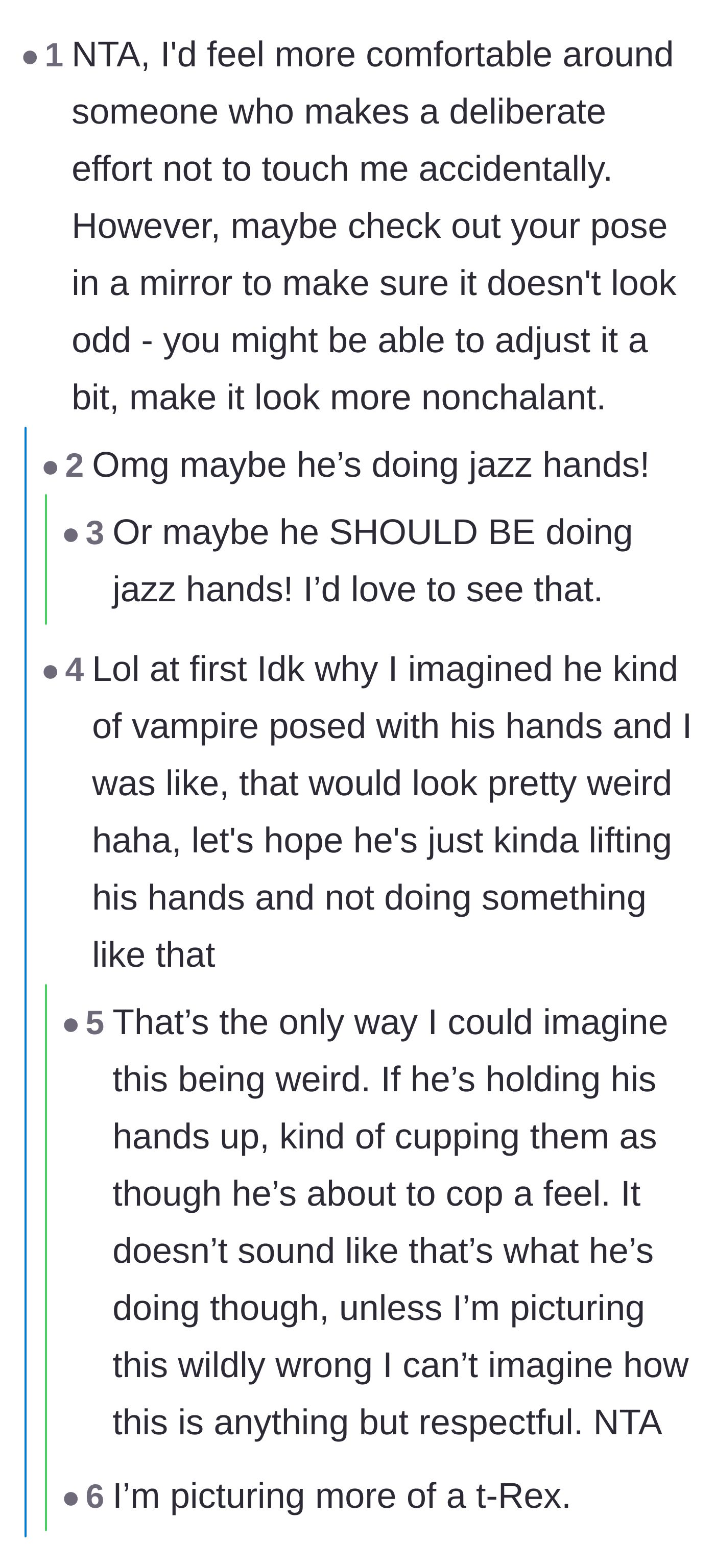 Comment thread 4 - Debating if his hand gesture looks funny, like a vampire pose or an awkward T-Rex.
