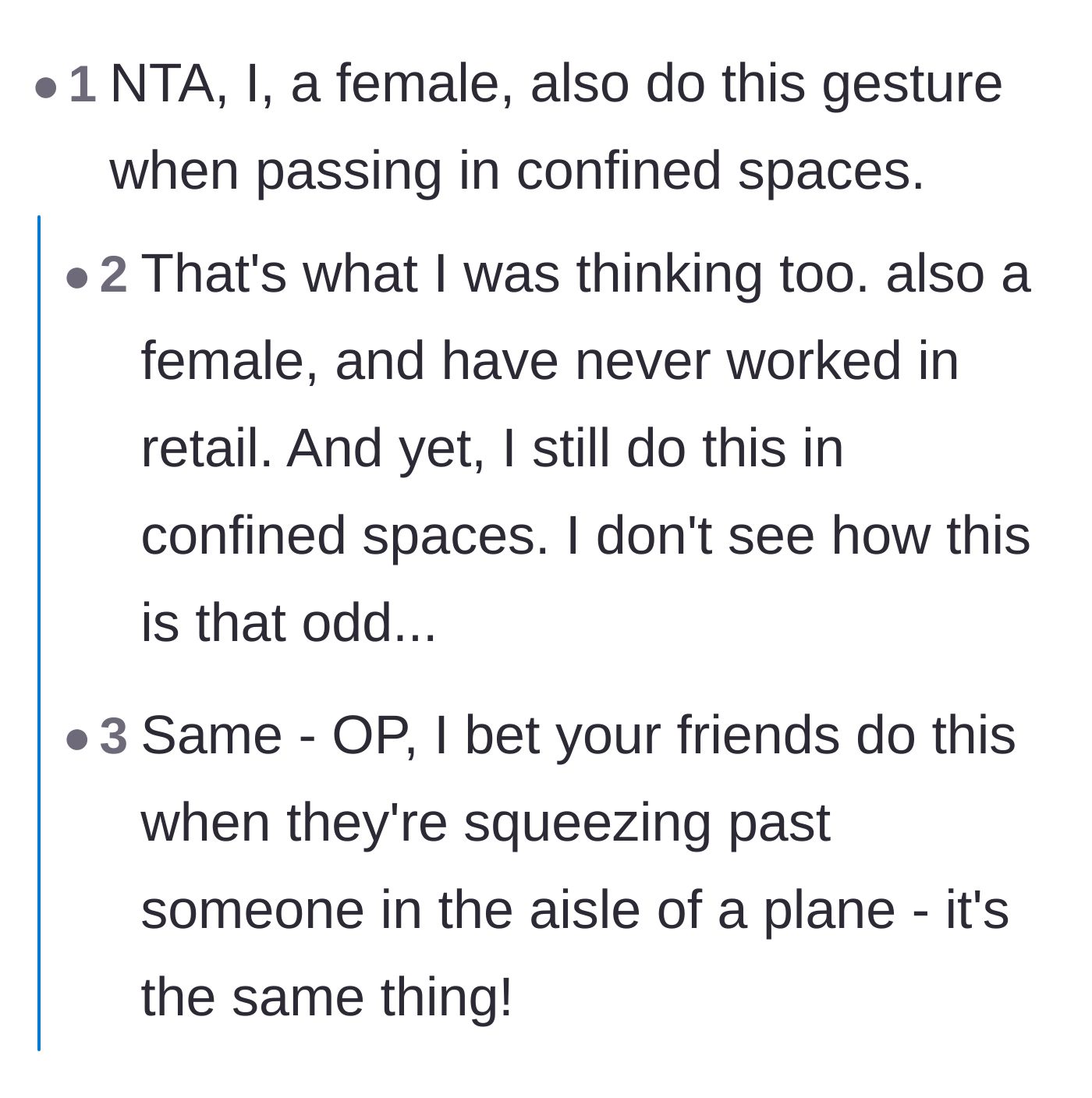 Comment thread 6 - People pointing out they do the same hands-up gesture when squeezing past someone in an airplane aisle.