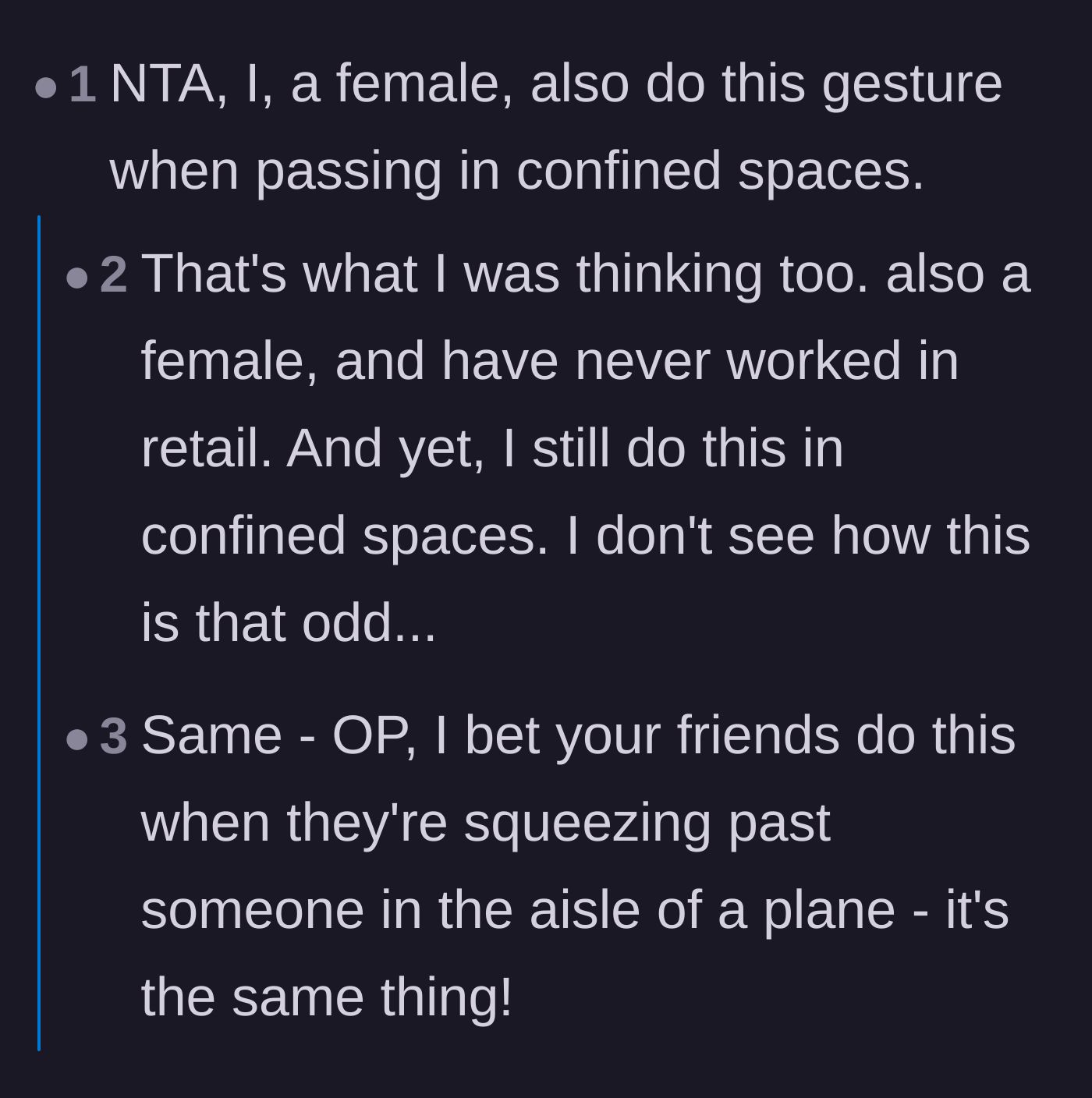 Comment thread 6 - People pointing out they do the same hands-up gesture when squeezing past someone in an airplane aisle.