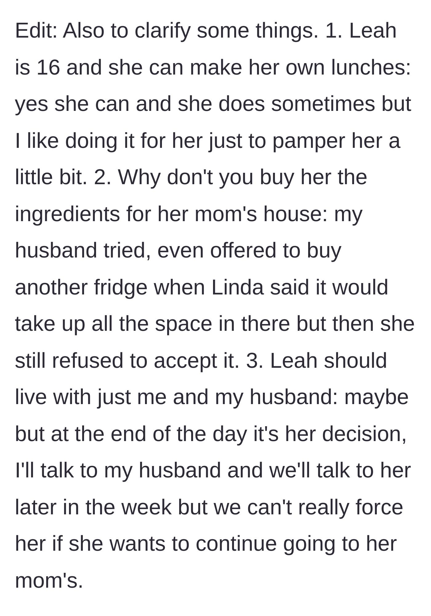 Story part 6 - The stepmom clarifies FAQs, revealing the biological mother even rejected a free secondary fridge.