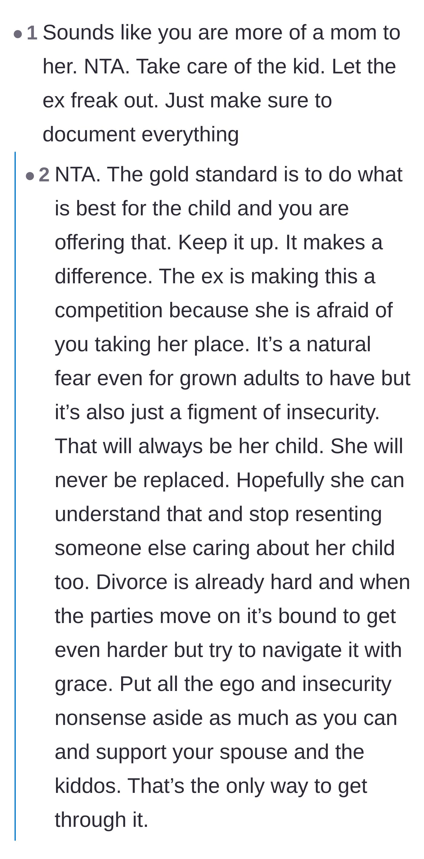 Comment thread 1 - Advice urging the stepmother to keep prioritizing the child and to document the biological mother's behavior.