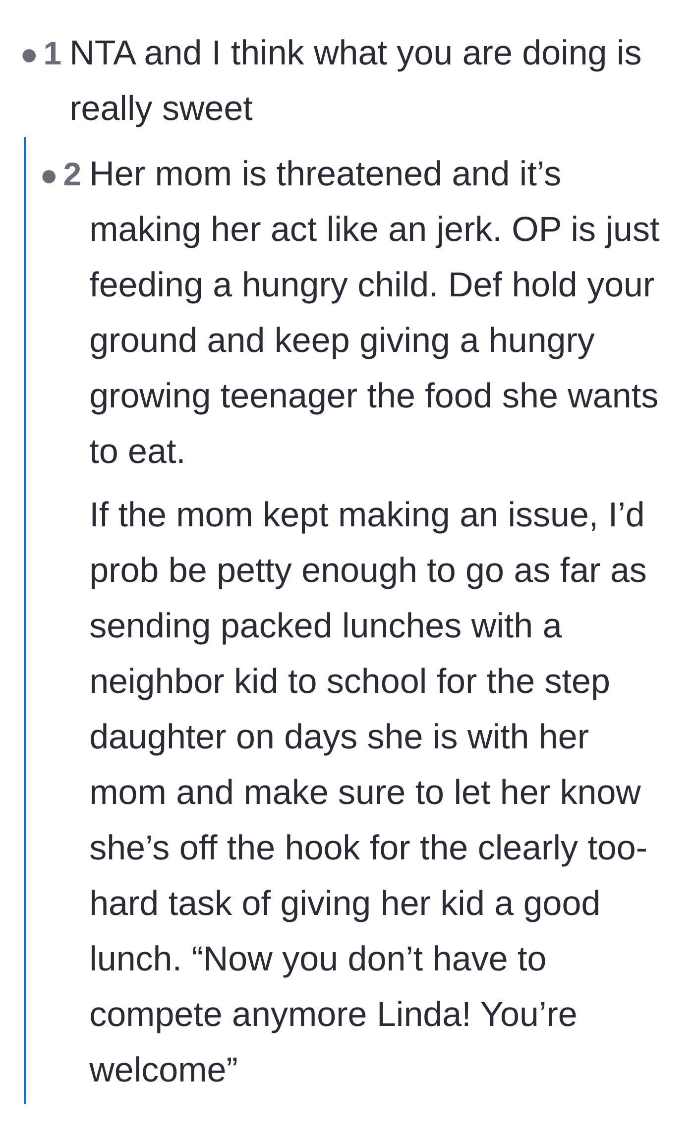 Comment thread 2 - Discussion on the mother's refusal to buy groceries, including a personal anecdote about the long-term impacts of childhood malnourishment.