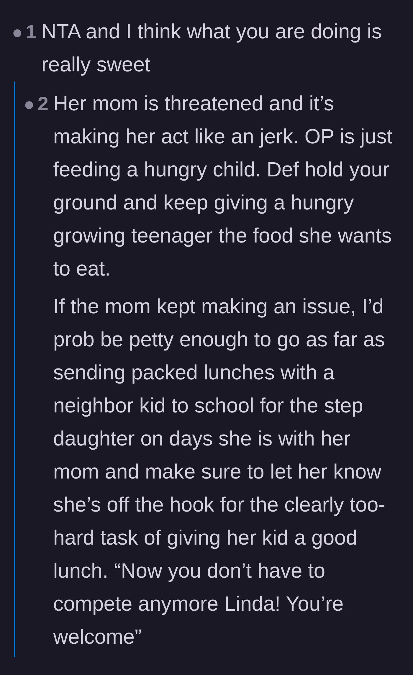Comment thread 2 - Discussion on the mother's refusal to buy groceries, including a personal anecdote about the long-term impacts of childhood malnourishment.