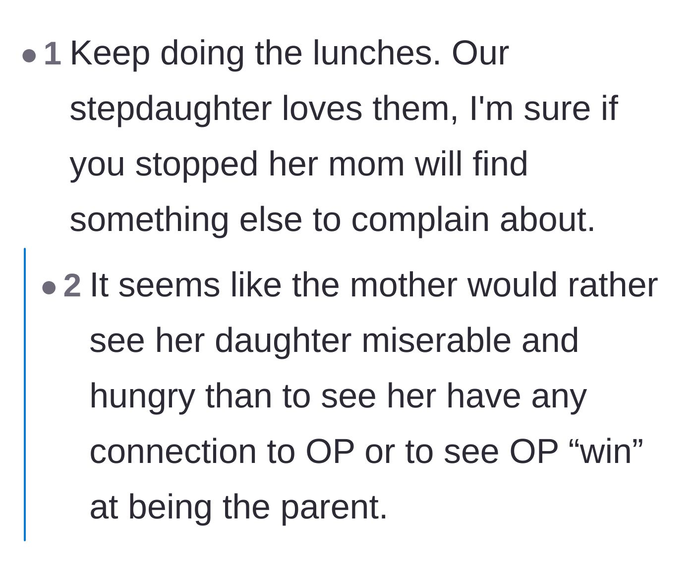 Comment thread 5 - Observation that the biological mother prioritizing a petty victory over her daughter's happiness is a recurring pattern.