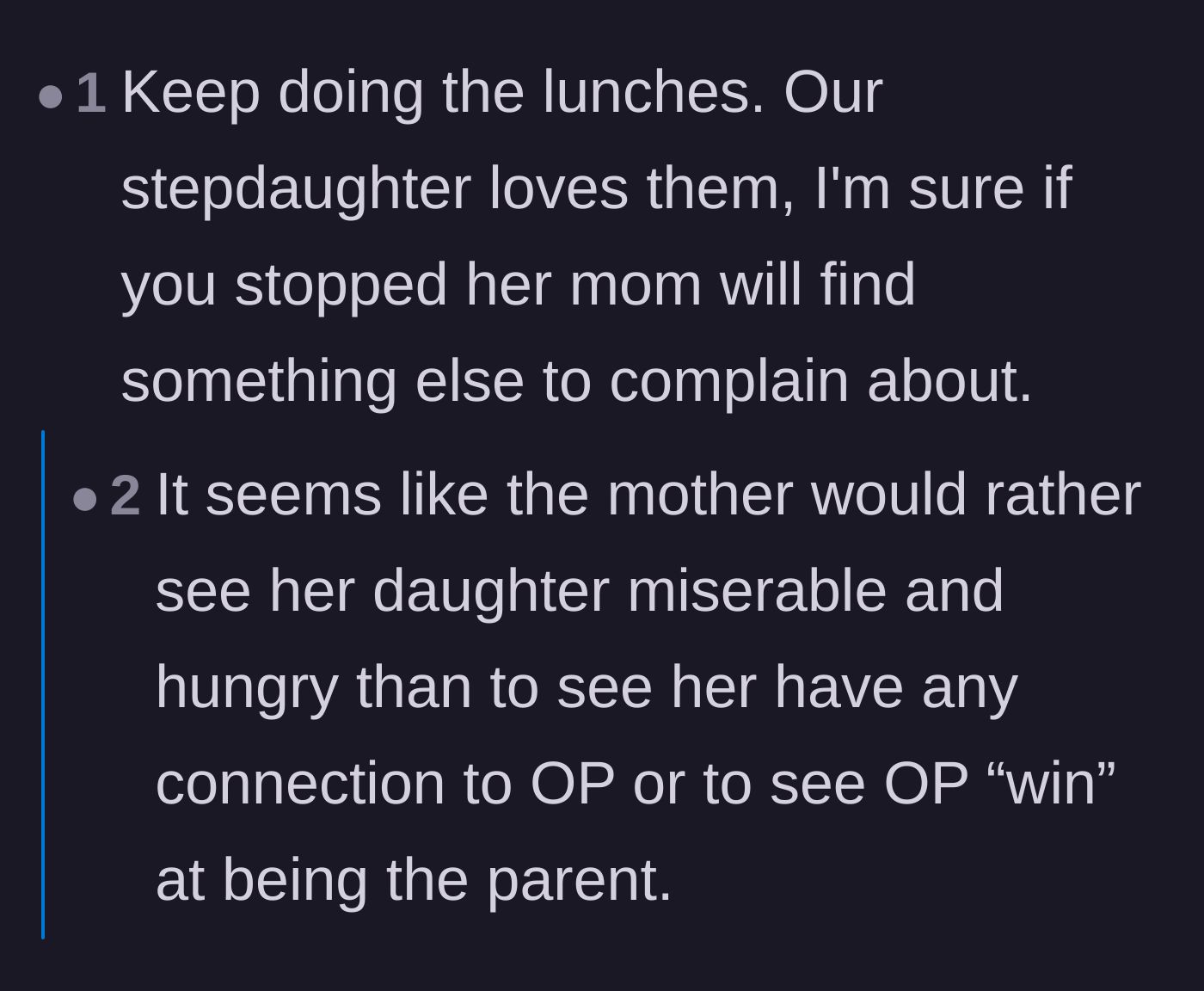 Comment thread 5 - Observation that the biological mother prioritizing a petty victory over her daughter's happiness is a recurring pattern.