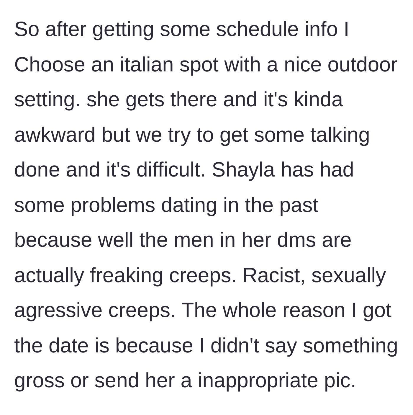 Story part 2 - Arriving at an Italian restaurant to an awkward atmosphere and trauma-dumping about past men.