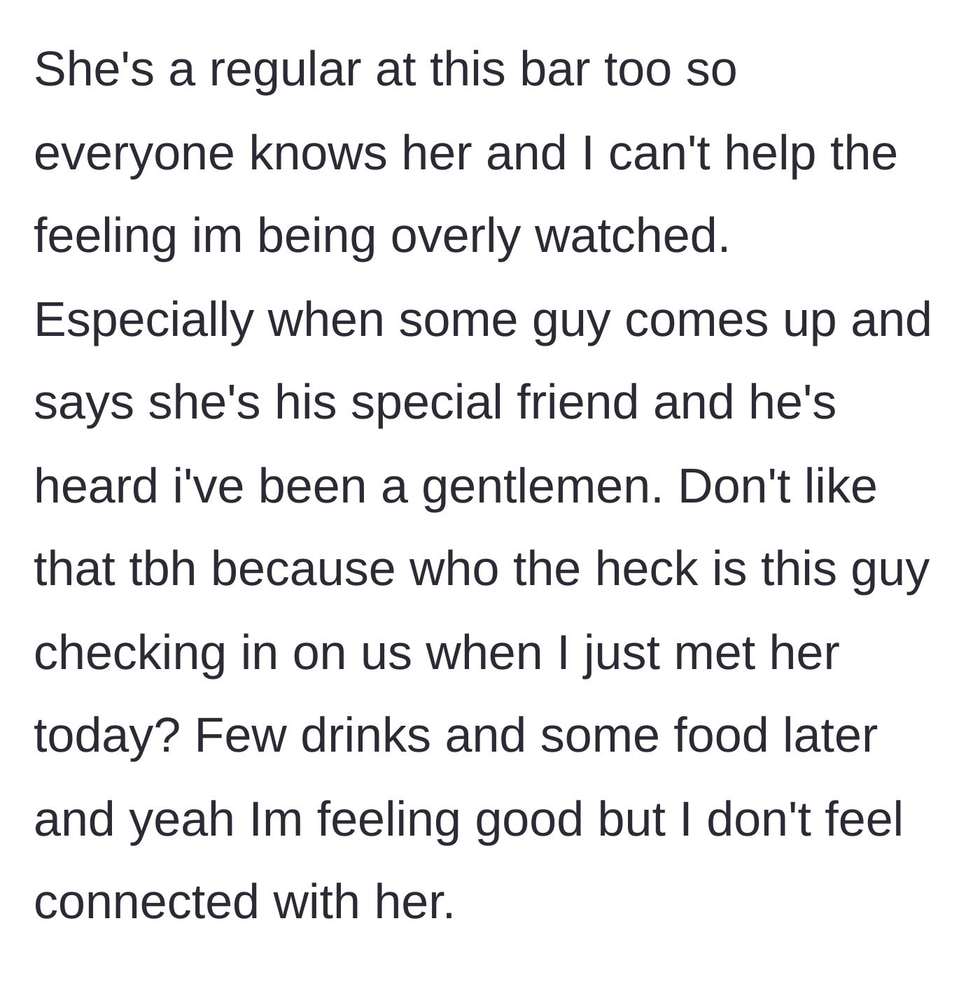 Story part 4 - A random bar patron approaches the table to vet the main character.