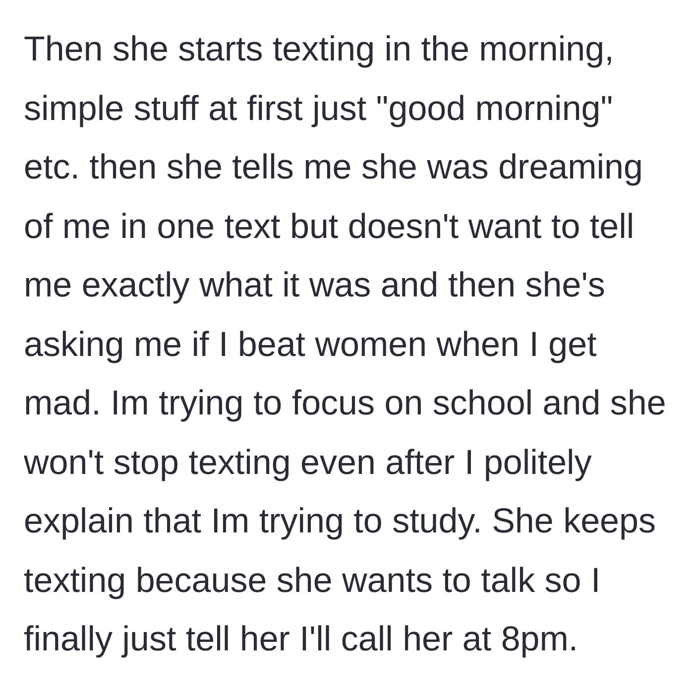 Story part 6 - Waking up to an overwhelming barrage of intense texts, including a jarring question about violence.
