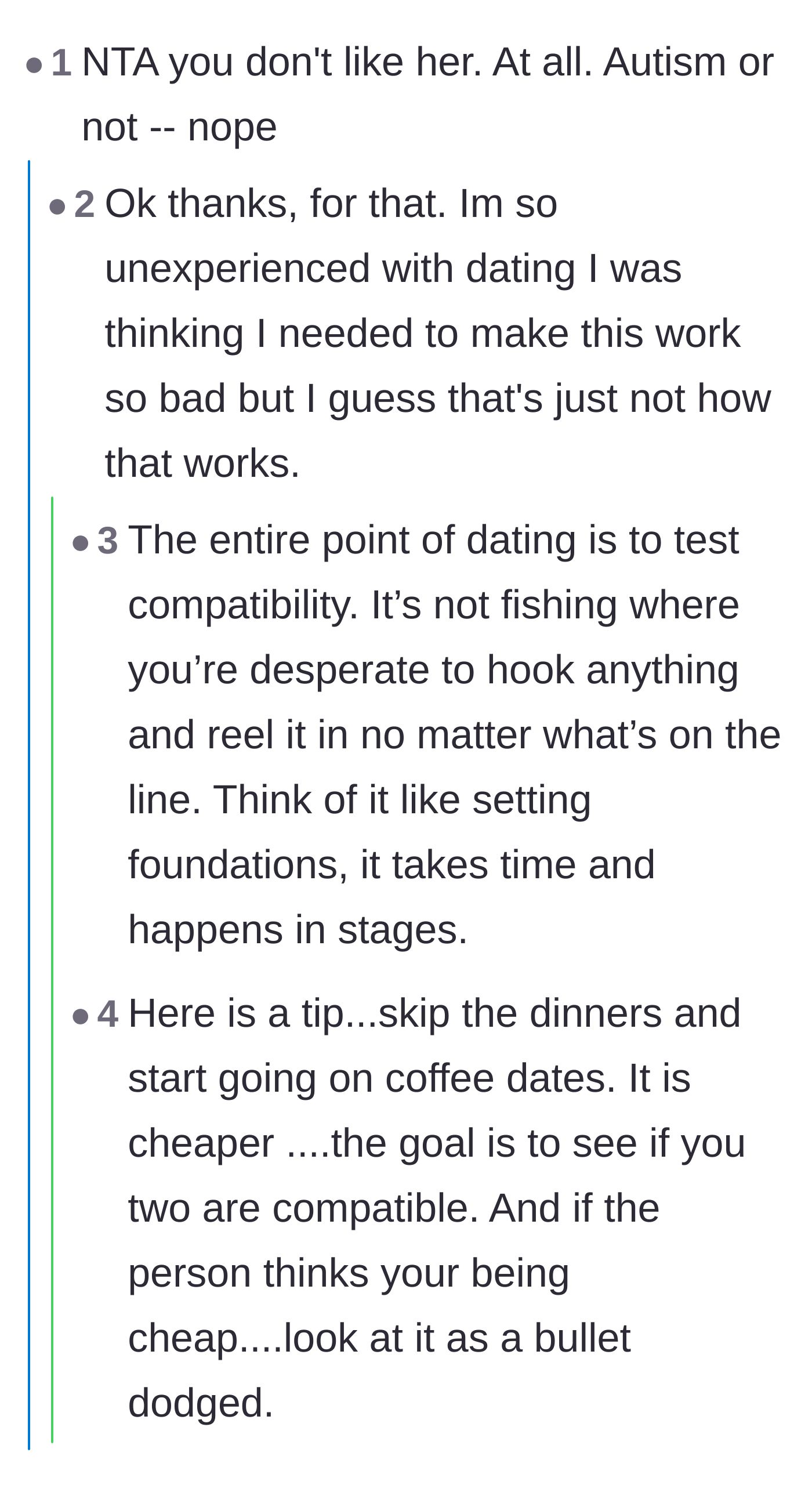 Comment thread 2 - Advice on why coffee dates are better for first meetings and how the purpose of dating is just to test compatibility.