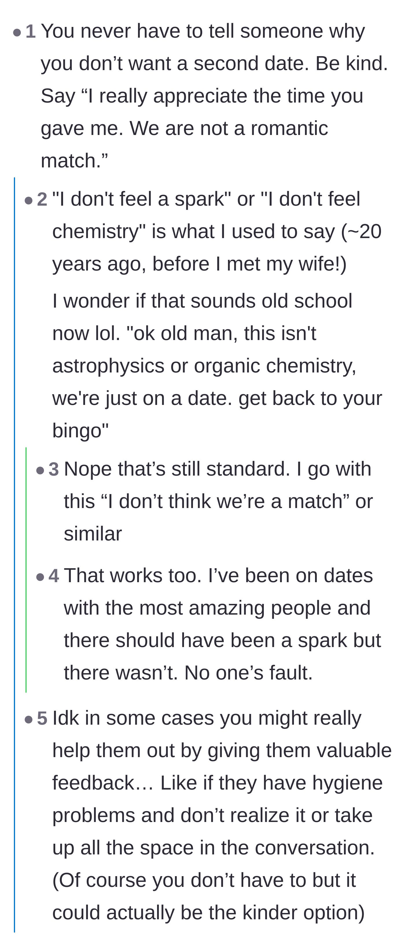 Comment thread 3 - A discussion on the best, kindest ways to tell someone you don't want a second date without over-explaining.