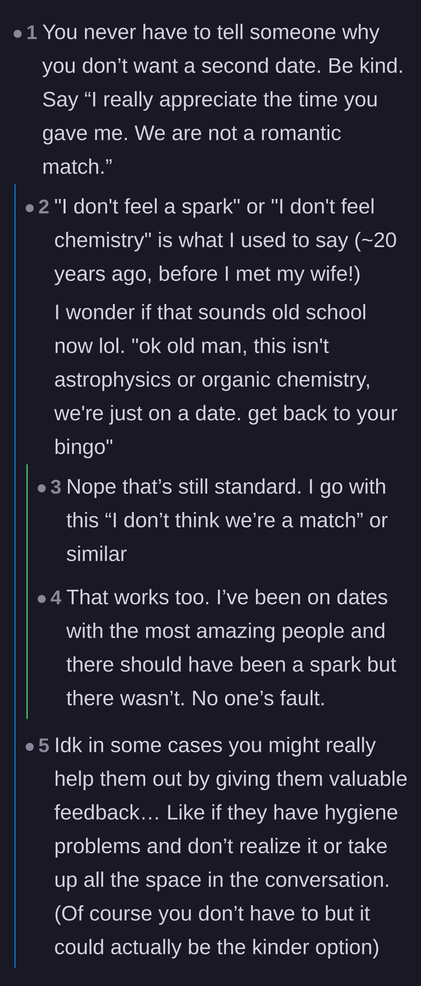 Comment thread 3 - A discussion on the best, kindest ways to tell someone you don't want a second date without over-explaining.