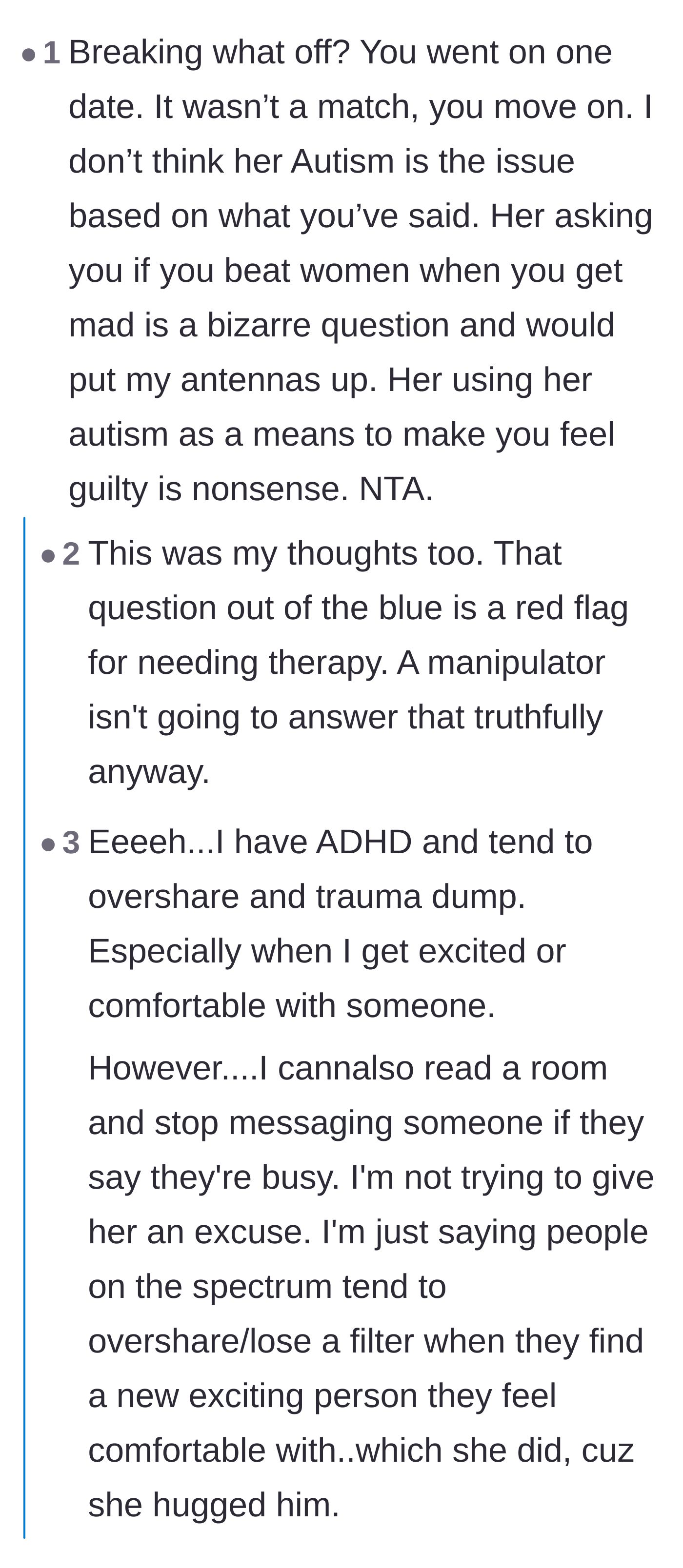 Comment thread 5 - Reactions to the date's shocking text message asking if he gets violent, labeling it a major red flag.