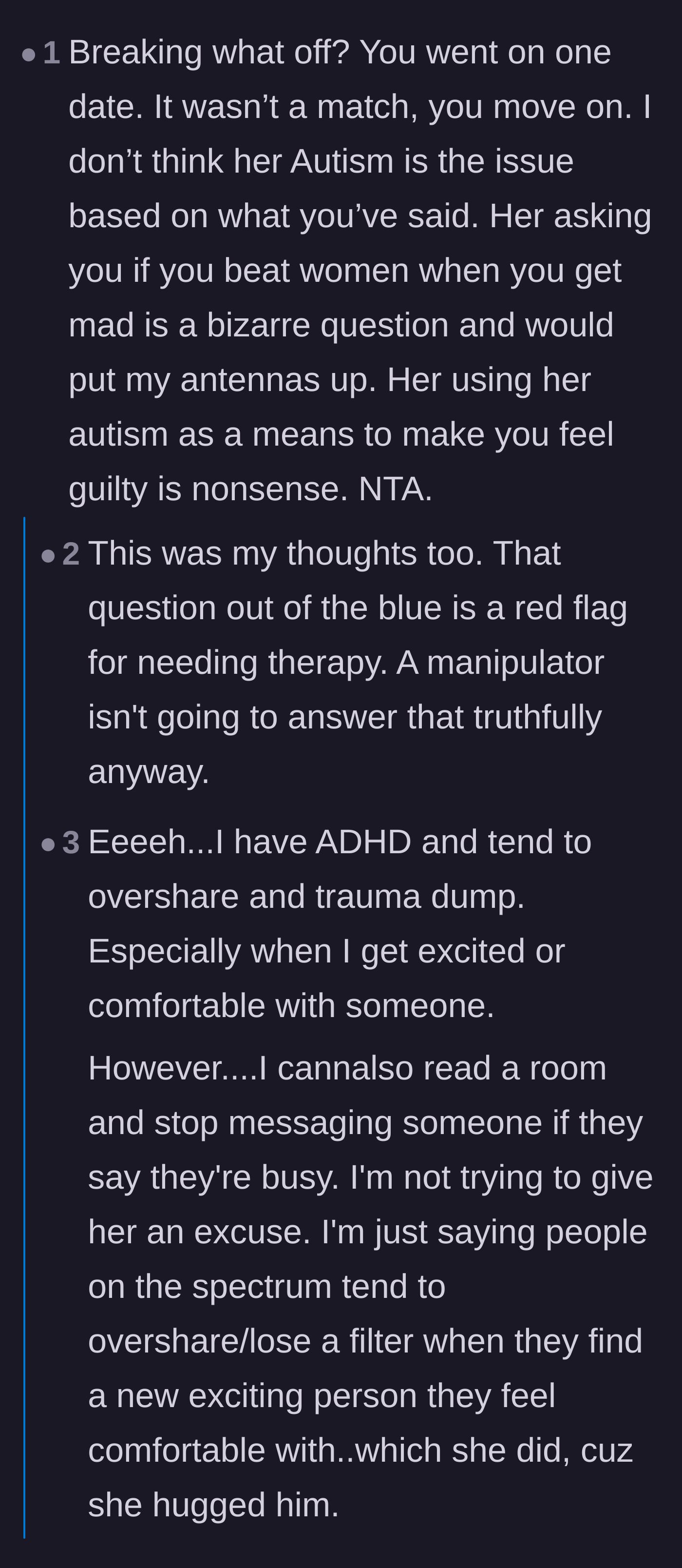 Comment thread 5 - Reactions to the date's shocking text message asking if he gets violent, labeling it a major red flag.