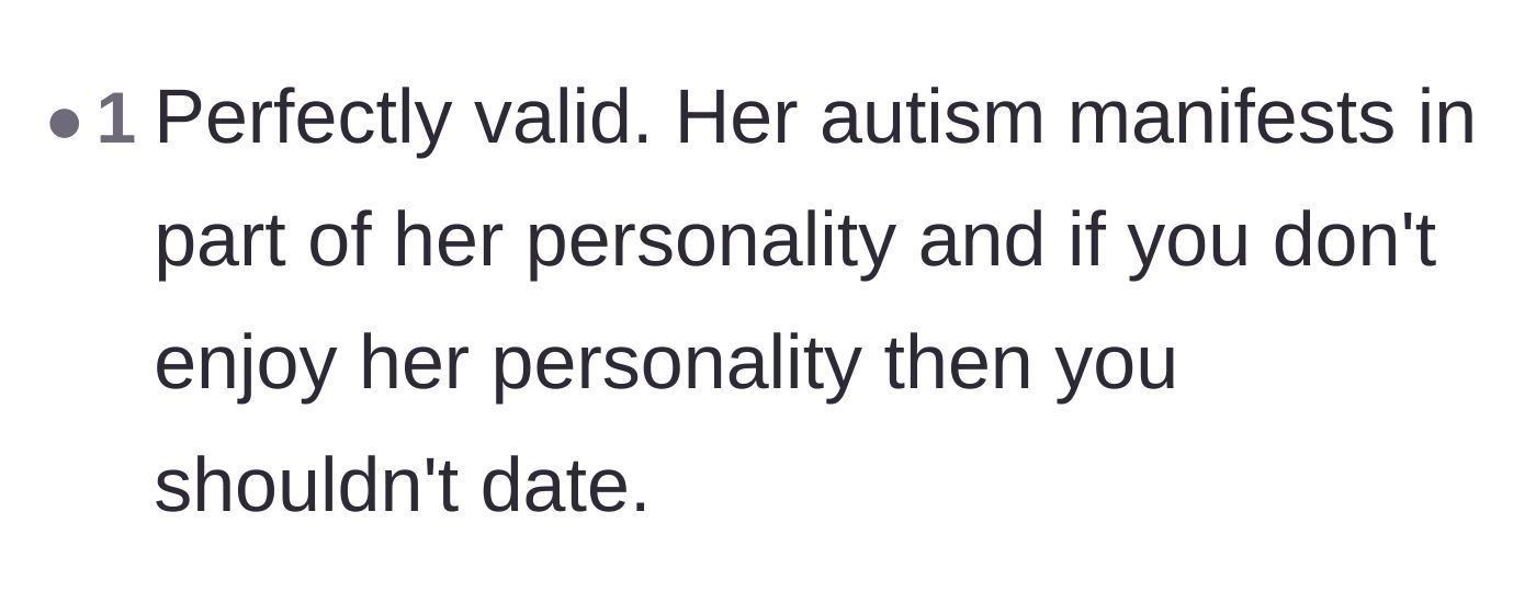 Comment thread 6 - A straightforward take that autism shapes personality, and not enjoying a personality is a valid reason to end things.