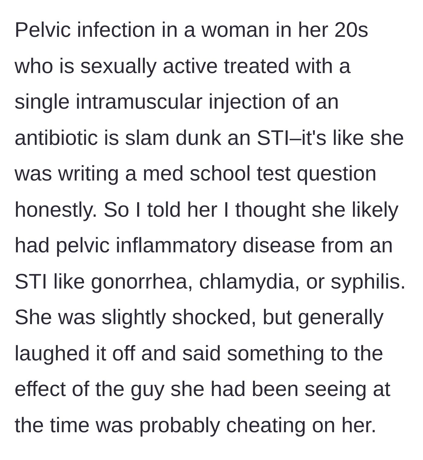 Story part 2 - The doctor explains that the symptoms strongly indicated an STI, shares this with her friend, and the friend seemingly laughs it off.