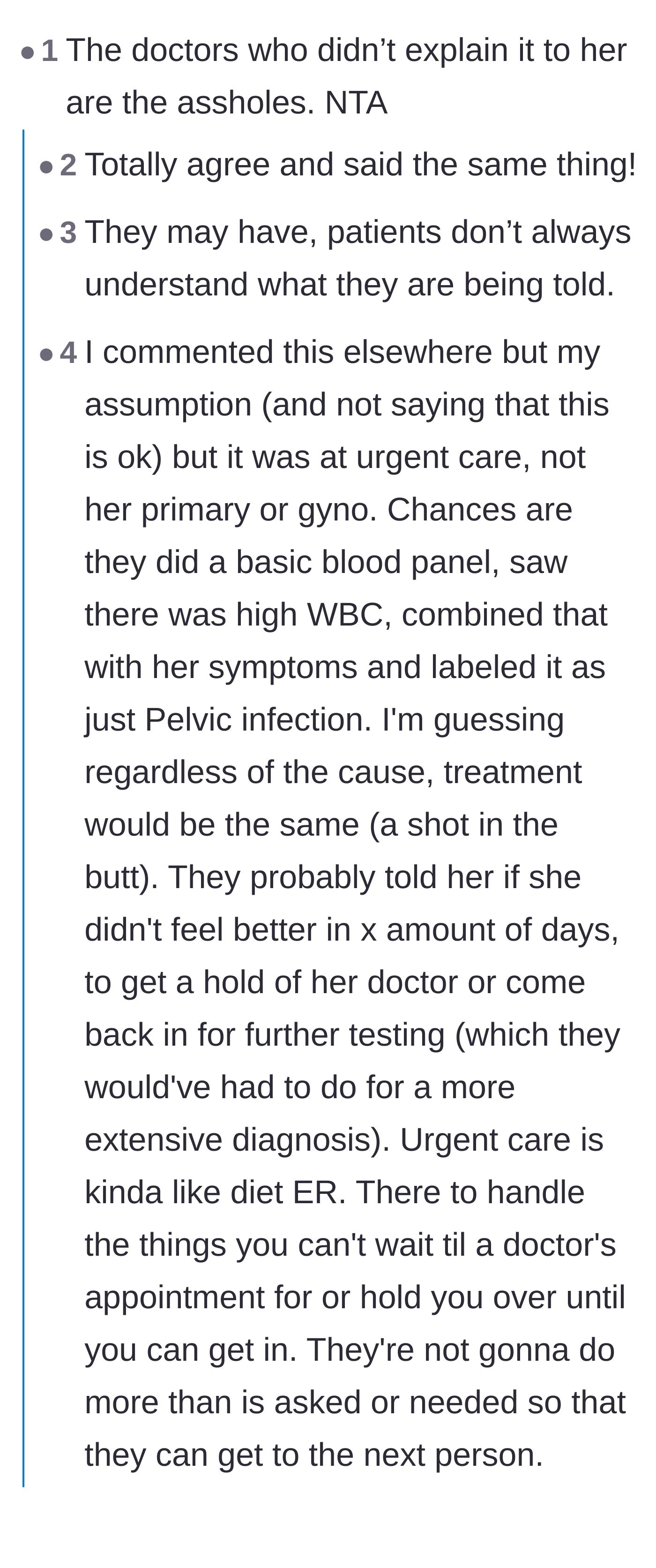 Comment thread 1 - Readers debating whether the original urgent care doctors are to blame for the friend misunderstanding her diagnosis.