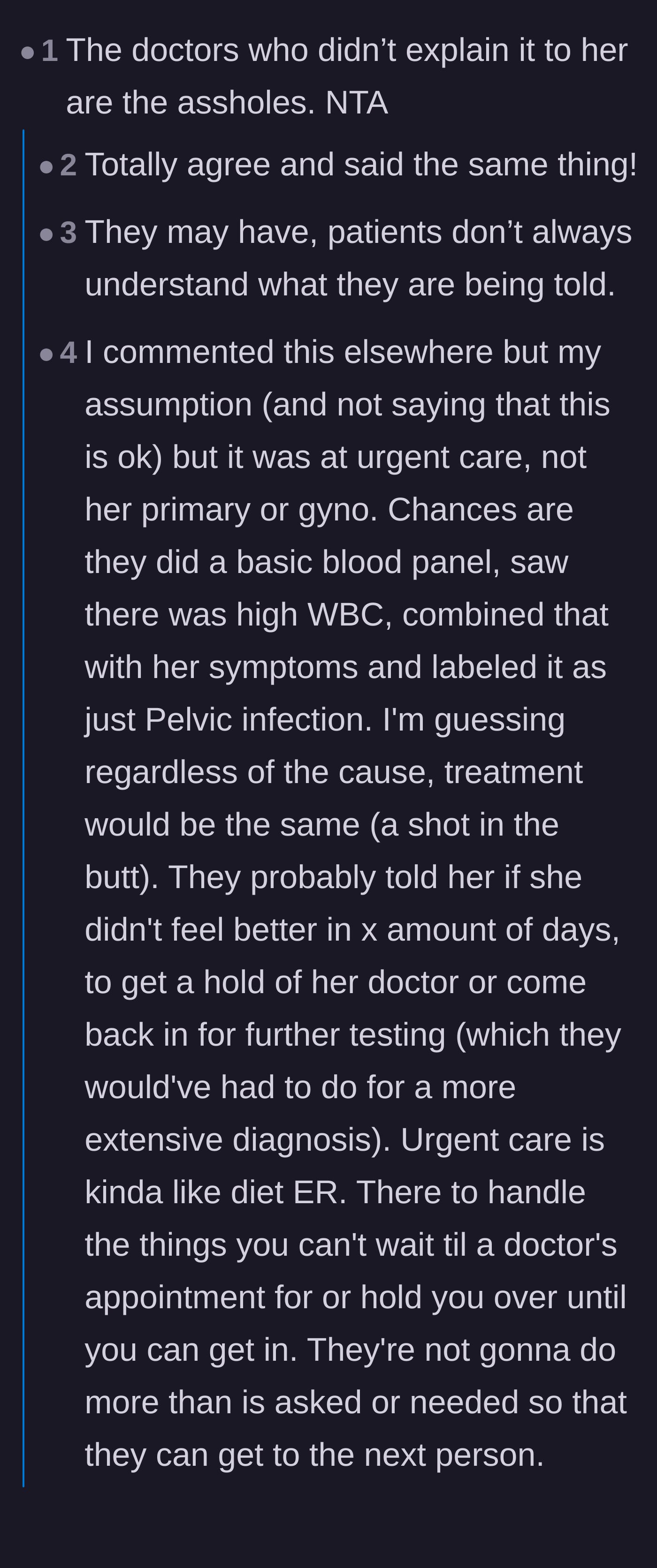 Comment thread 1 - Readers debating whether the original urgent care doctors are to blame for the friend misunderstanding her diagnosis.