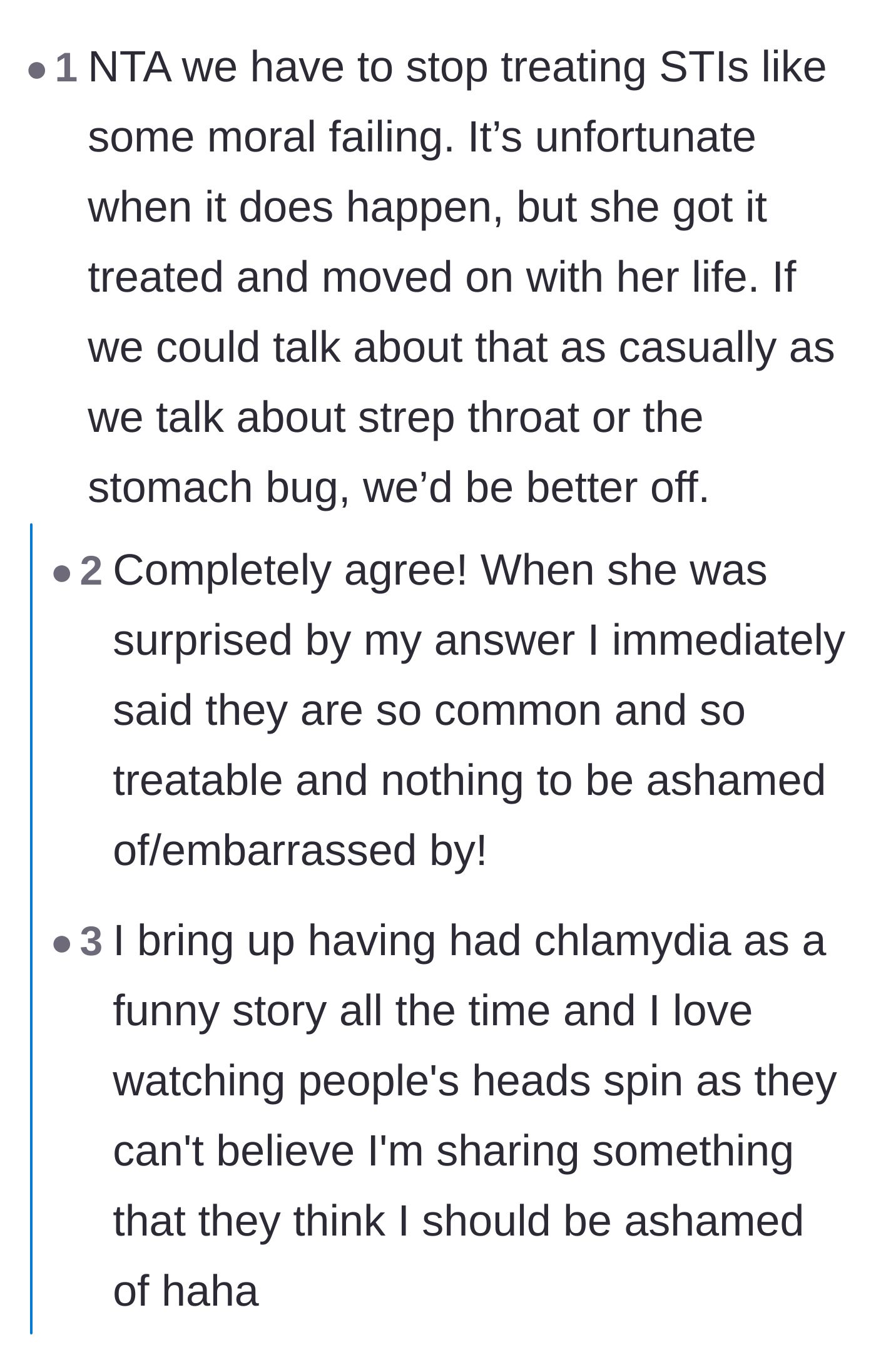 Comment thread 2 - A discussion on the importance of removing the social stigma and moral judgment surrounding STIs.