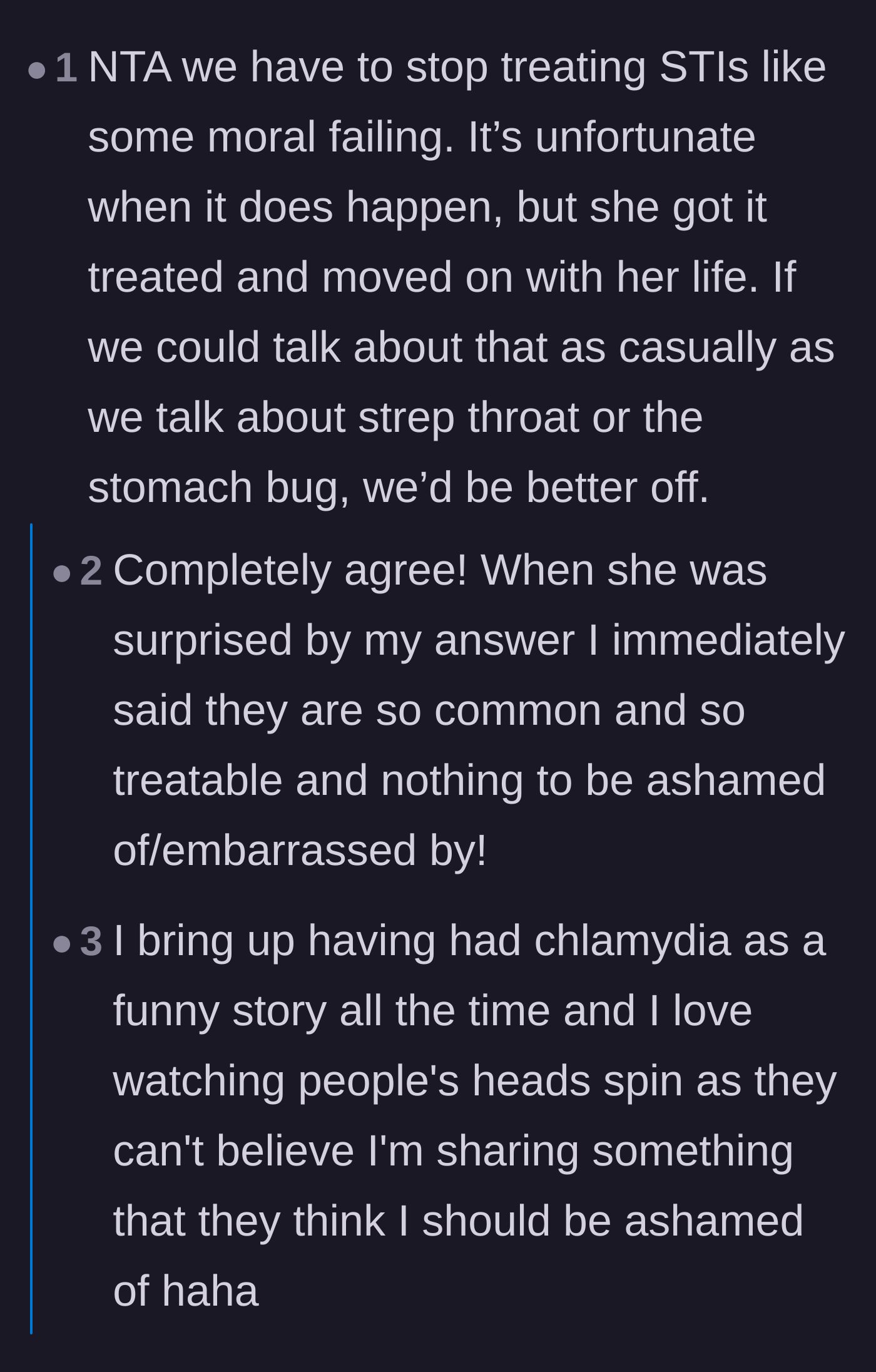 Comment thread 2 - A discussion on the importance of removing the social stigma and moral judgment surrounding STIs.
