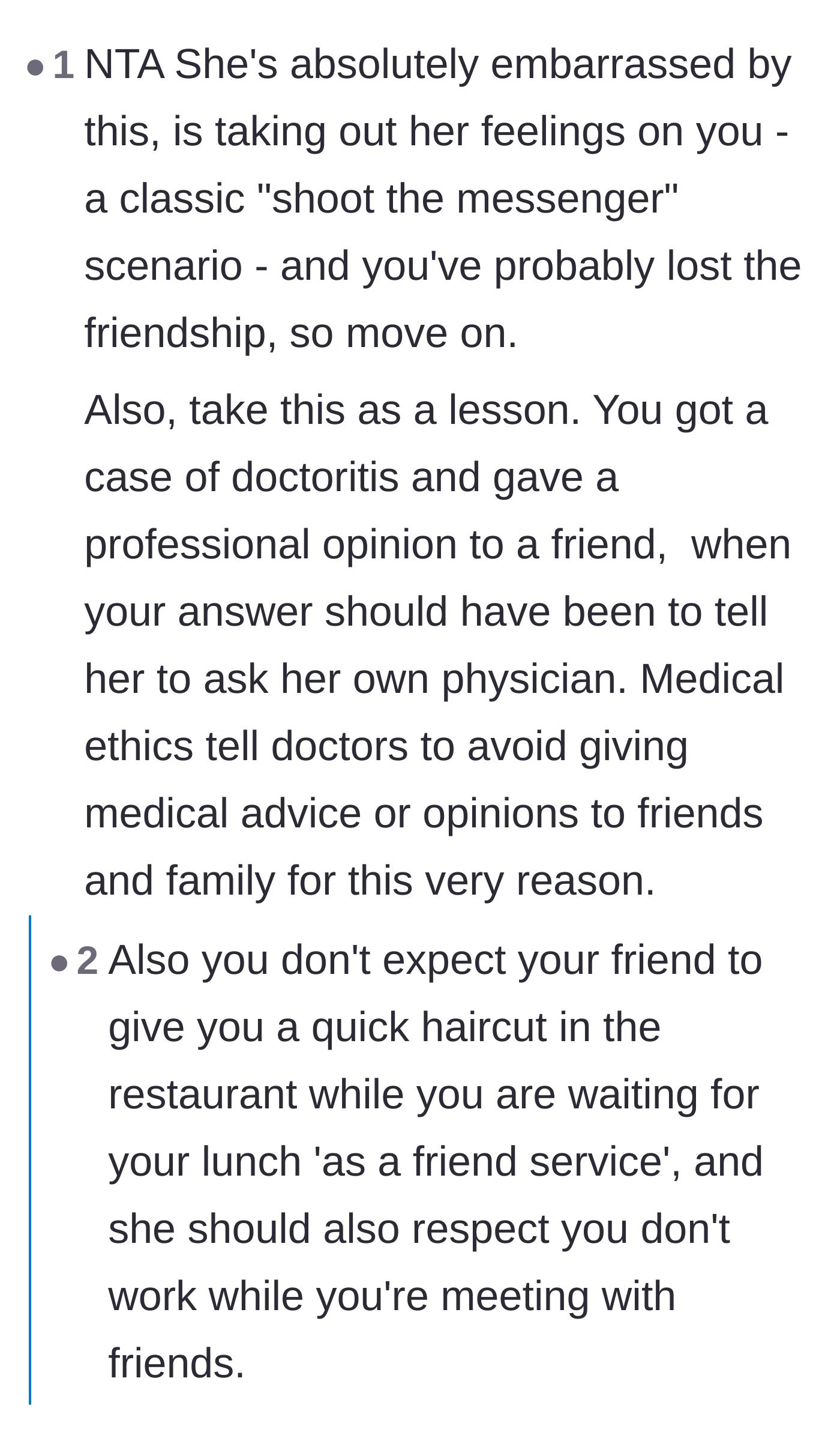 Comment thread 3 - Advice emphasizing the 'shoot the messenger' dynamic and cautioning against giving clinical opinions to friends.