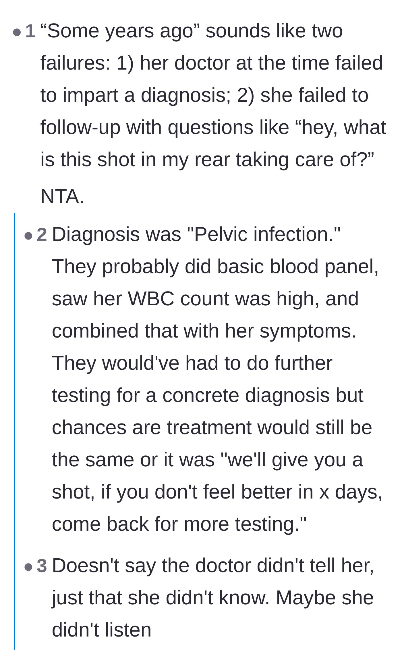 Comment thread 6 - Commentary pointing out the friend's failure to advocate for herself and ask basic questions about her treatment years prior.