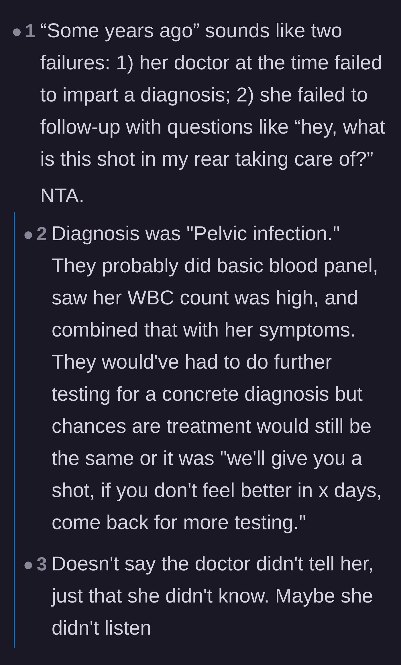 Comment thread 6 - Commentary pointing out the friend's failure to advocate for herself and ask basic questions about her treatment years prior.