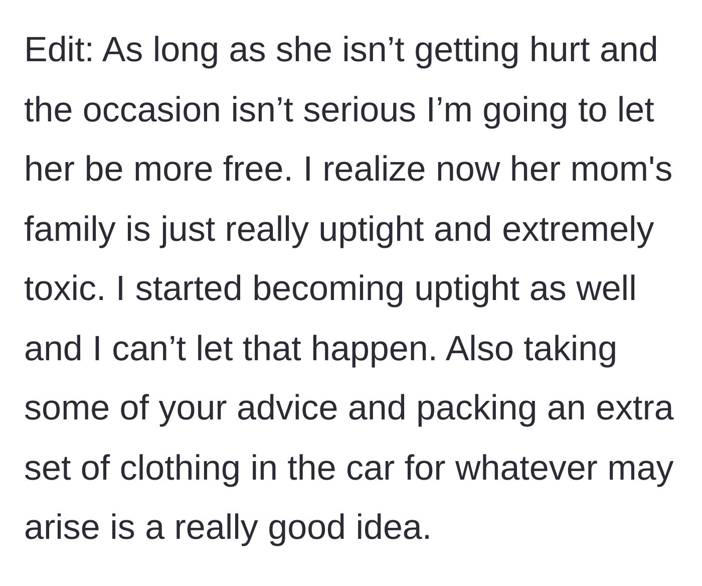 Story part 4 - In an update, the father realizes his partner's family is overly rigid and resolves to let his daughter express herself freely while keeping spare shoes in the car.