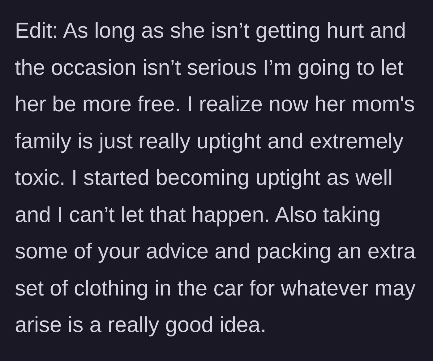 Story part 4 - In an update, the father realizes his partner's family is overly rigid and resolves to let his daughter express herself freely while keeping spare shoes in the car.