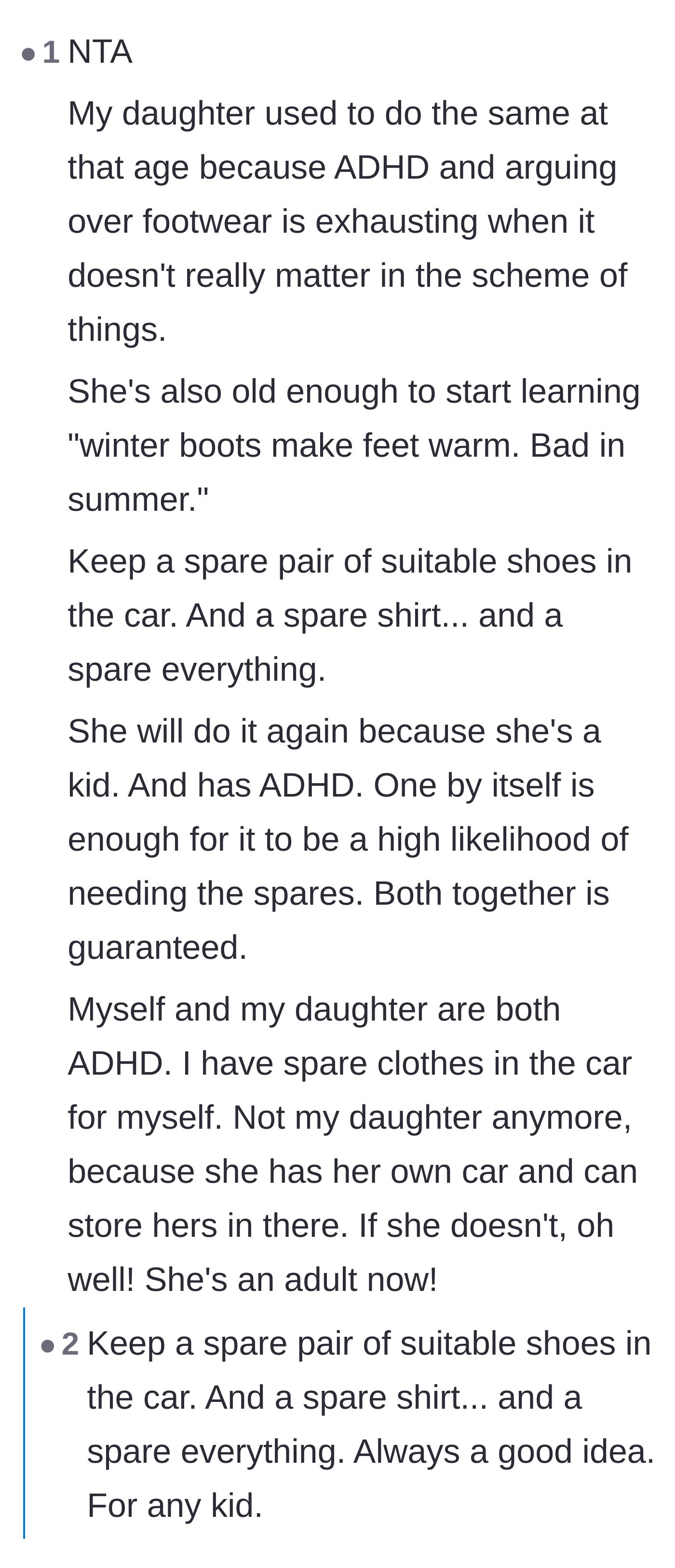 Comment thread 1 - Readers with ADHD sharing practical advice about keeping spare clothes in the car