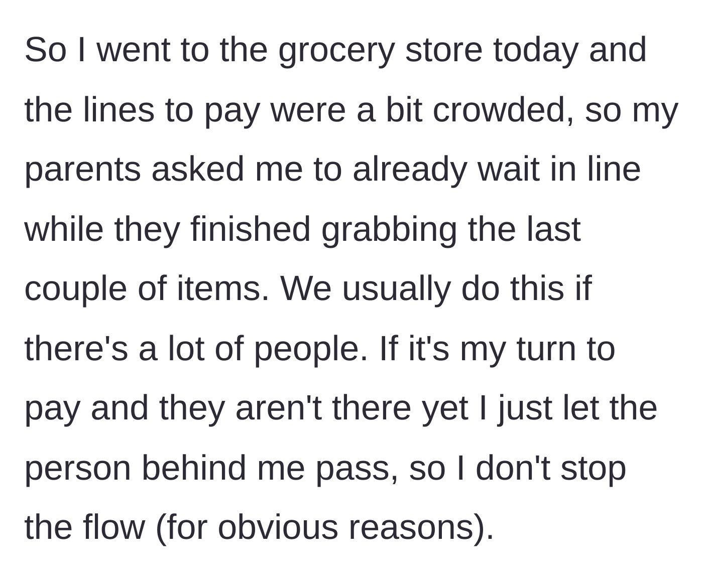 Story part 1 - The main character stands patiently in a busy grocery store checkout line while their parents grab a few last-minute items.