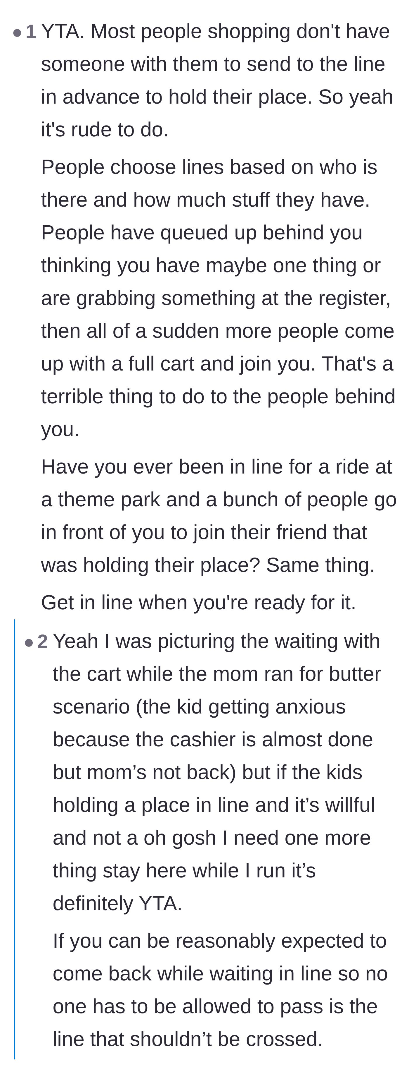 Comment thread 1 - A discussion comparing holding a place in a grocery line without a cart to unfairly cutting in line at a theme park.