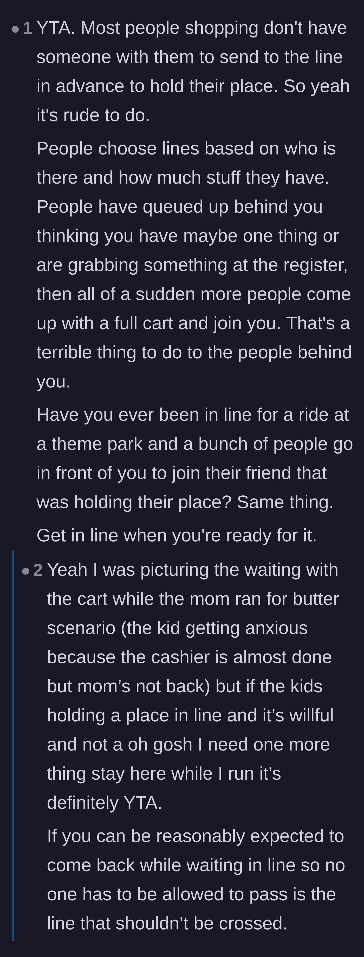 Comment thread 1 - A discussion comparing holding a place in a grocery line without a cart to unfairly cutting in line at a theme park.