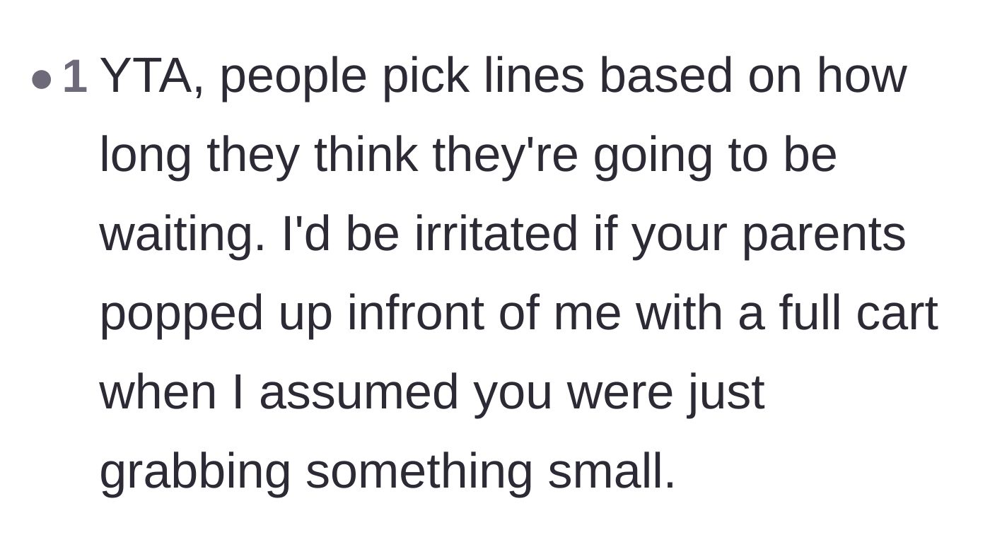 Comment thread 2 - A user explaining that people choose grocery lines based on how much stuff the people ahead of them visually appear to have.