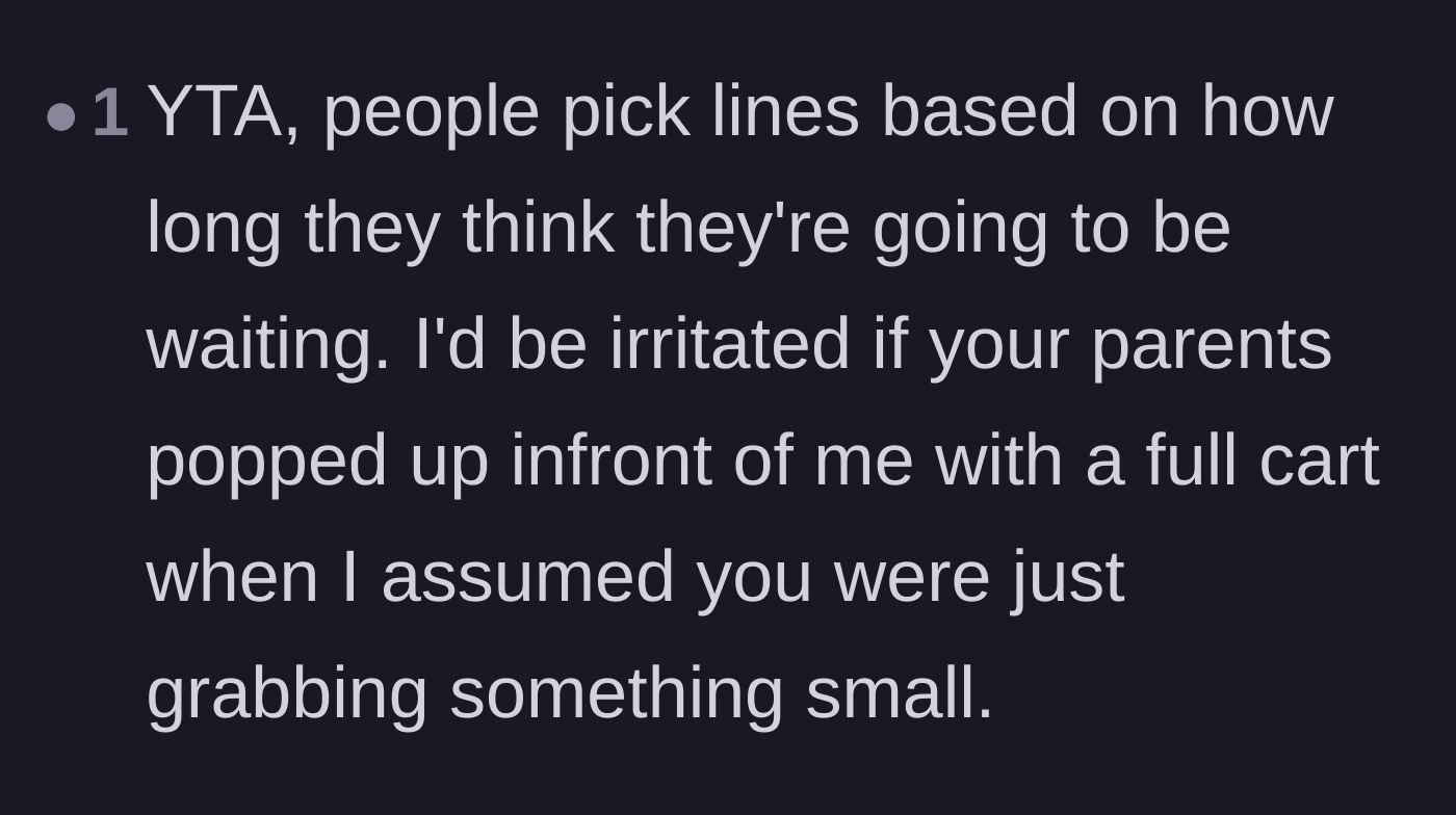 Comment thread 2 - A user explaining that people choose grocery lines based on how much stuff the people ahead of them visually appear to have.